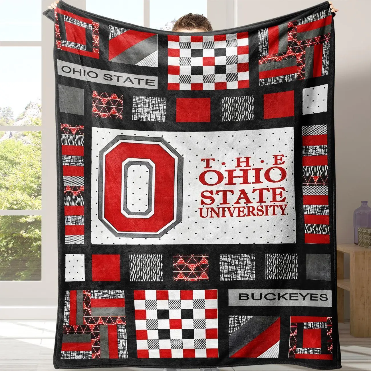 Ohio State Buckeyes Logo & Text Patchwork Geom Flannel Quilt Throw Blanket - Wrinkle Resistant, Warm, All-Seasons, Breathable, Durable Soft Blanket for OSU College Sports Fans’ Game Days, Watch Party