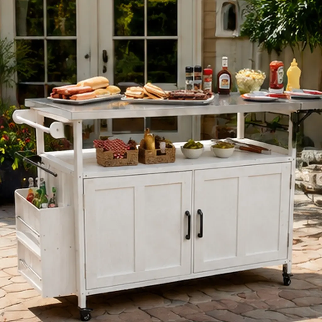 ARCH American Foldable Outdoor Kitchen Island Cart with 18x60x35" Folding Top, Lockable Wheels, Storage Cabinet, Towel Rack, Portable Mobile Cooking Station for Patio BBQ (Patio Users), White Wood-Stainless Steel Space-Saving Design, Outdoor Bbq, Wood+Ste