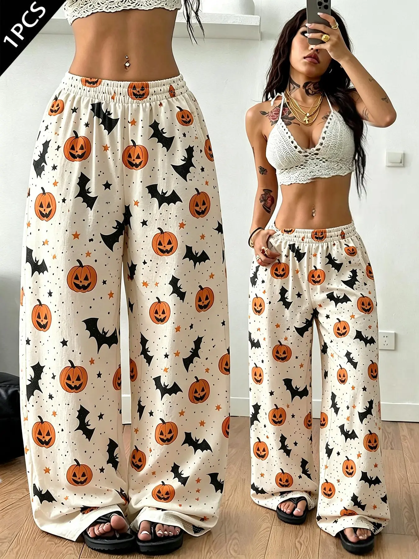 Halloween Pumpkin Bat Print Wide Leg Pants for Women, Elastic Waist, Loose Fit, Casual Home Wear, Long Pants, Lazy Style