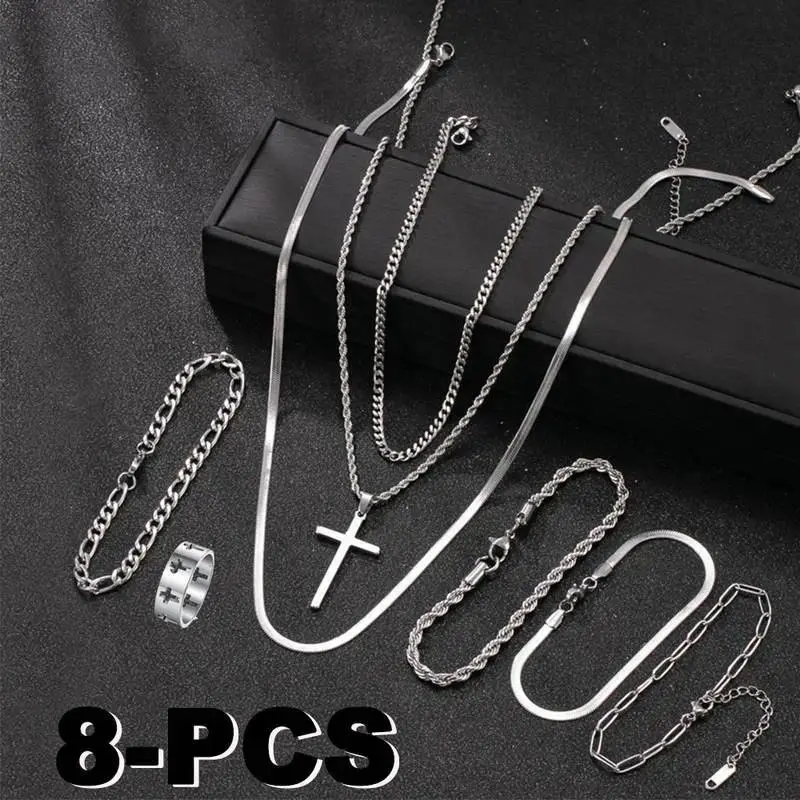8-Piece Men's Jewelry Accessory Set, Stainless Steel Hip Hop Streetwear with Cuban Necklace & Stackable Bracelets - Men's Accessories, Ideal Mens Gifts for Him, Chains Set, Mix‑Match Stacks