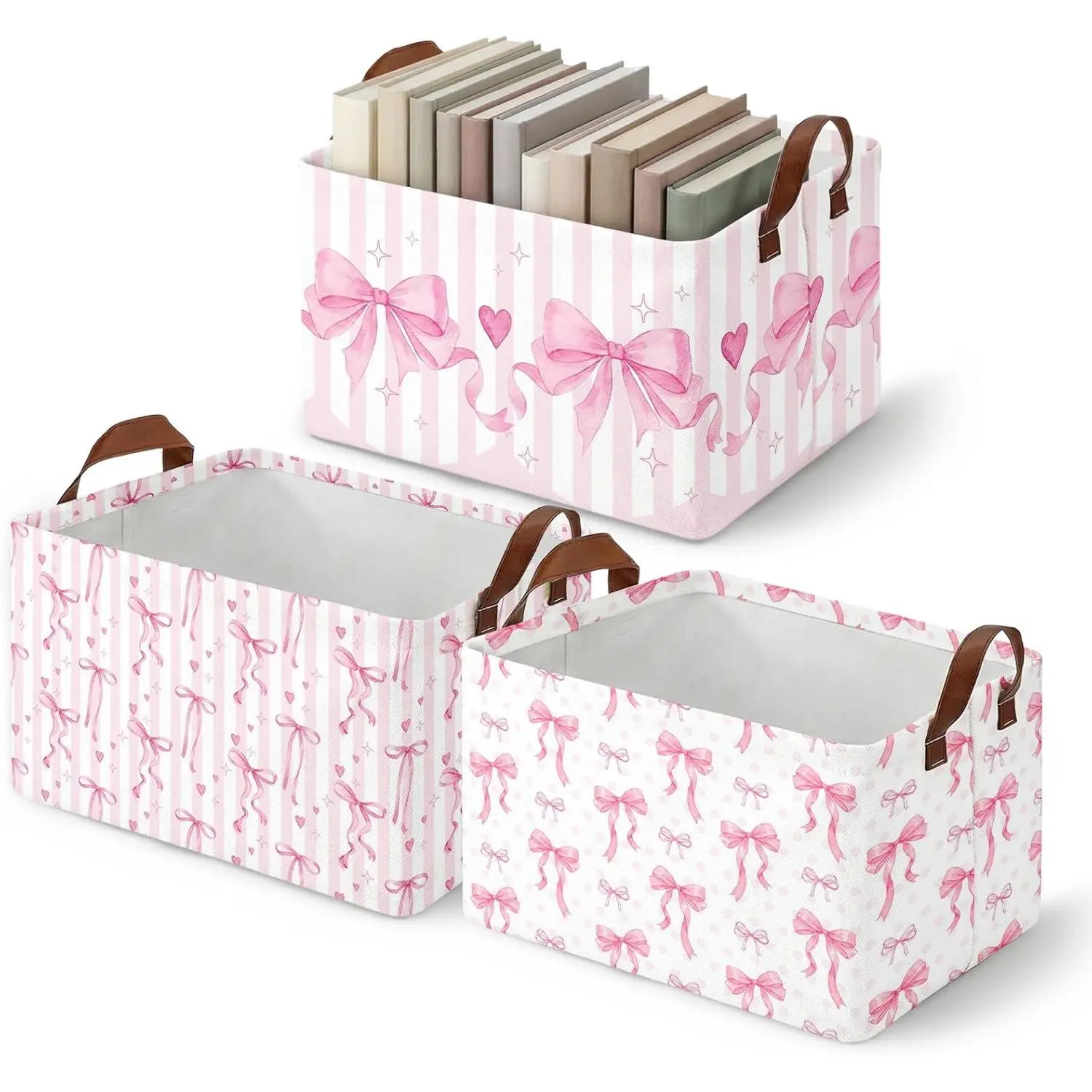 3 Pack Pink Bow Storage Baskets for Gifts Empty Large Collapsible Toy Storage Bins Box Pink Bow Canvas Baskets Organizer with Handles Coquette Nursery Decor Laundry Basket for Shelves Closet Bedroom