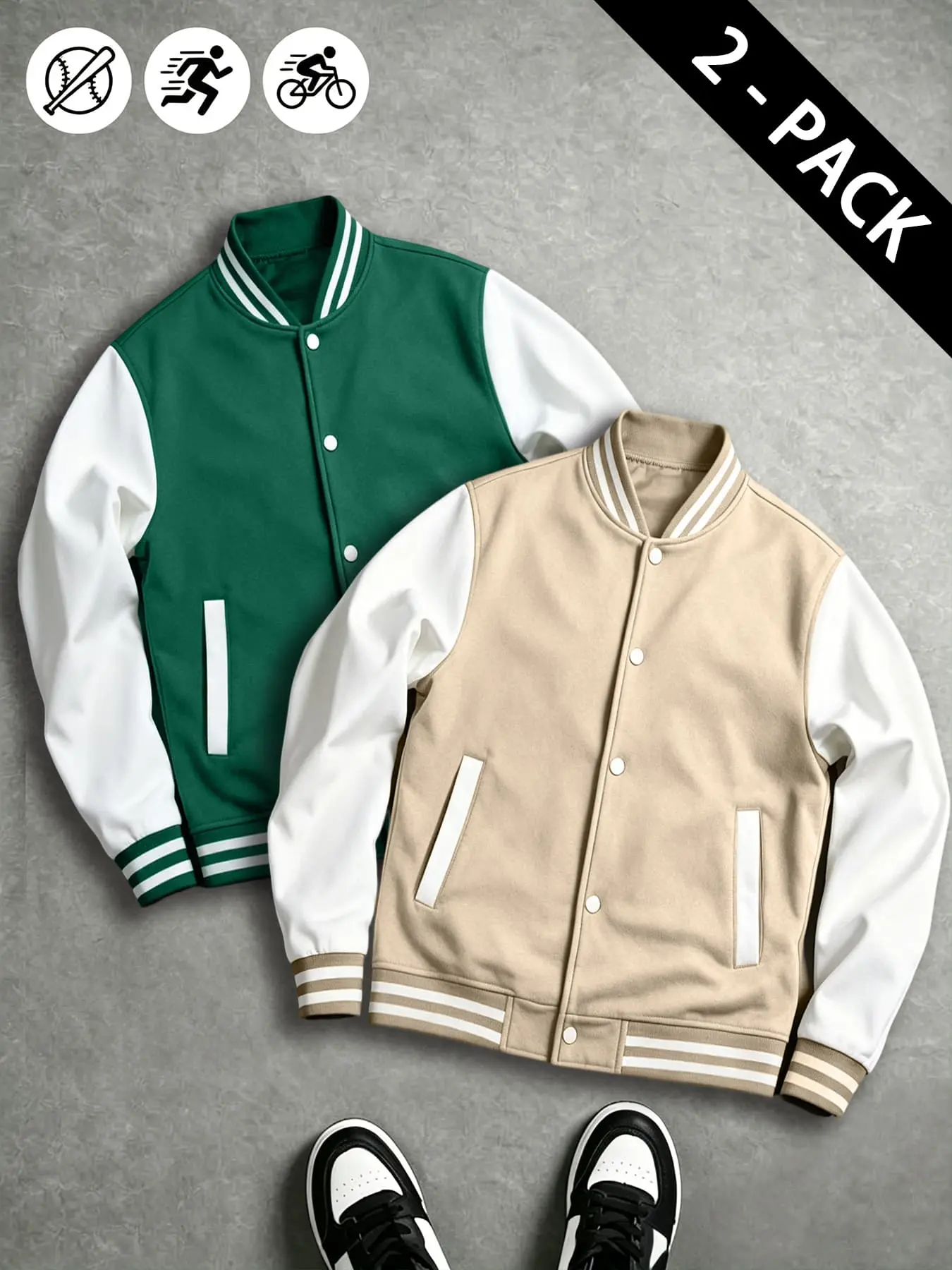 2-Pack Men‘s Baseball Jackets - Men's Sports Jacket, Color-Block Varsity Outerwear with Contrast Sleeves & Snap Button Closure, Lightweight Fleece Lined Warm Sporty Coat for Daily Commute Street Sports, Back to School Gift for Him, Colorblock Jacket
