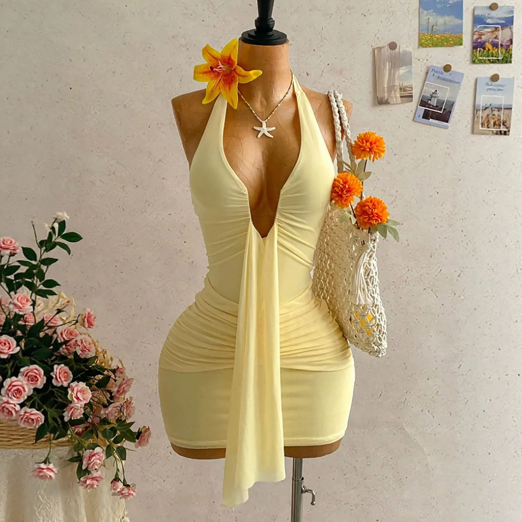 Women's Halter Neck Ruched Bodycon Mini Dress, Deep V Neck Mesh Drape Front Party Dress