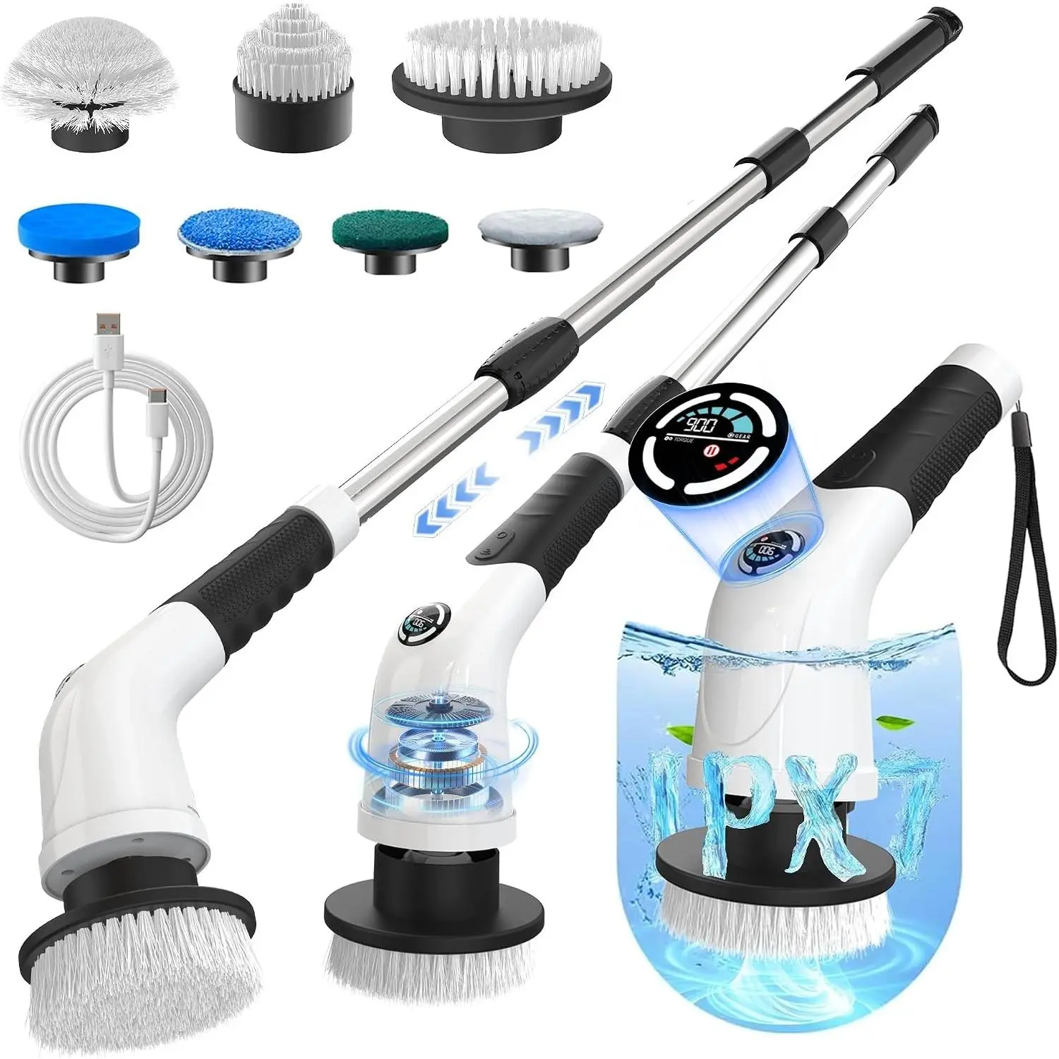 Cordless Electric Spin Scrubber with 180-Min Runtime, 3 Speeds, 7 Replaceable Brush Heads, Detachable Long Handle, LCD Display (RPM/Torque/Battery), for Bathroom, Kitchen, TileGift