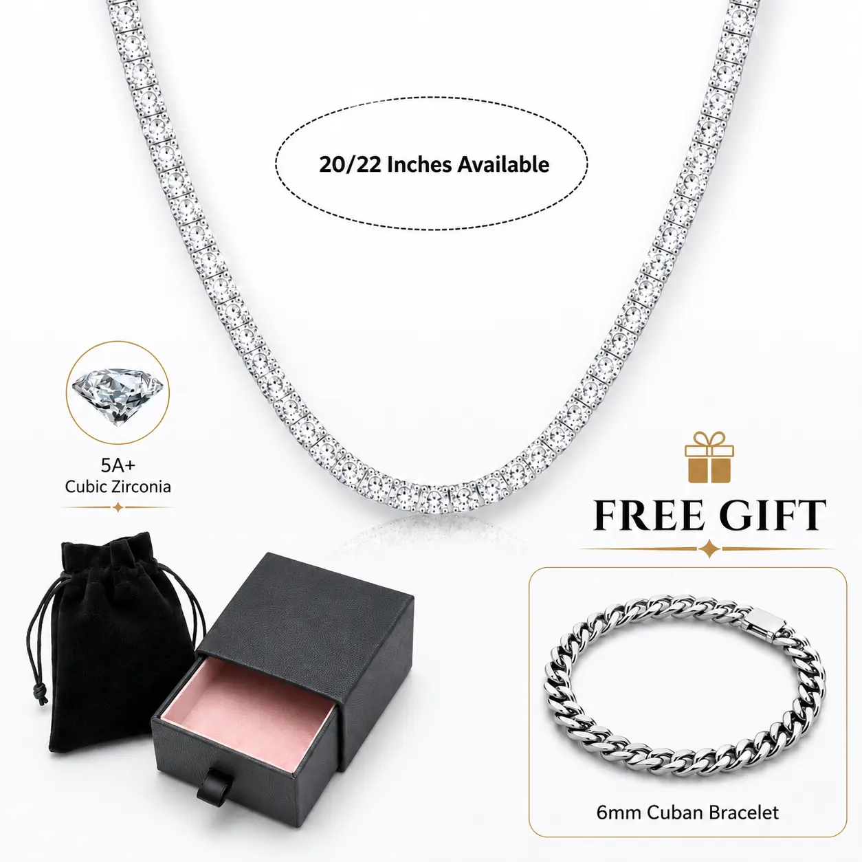 Classic Silver Tennis Necklace with Bonus Cuban Bracelet, 3mm Cubic Zirconia for Everyday Wear, Unisex Fit with Secure Box Clasp for Adults, Daily, Enhanced Clasp, Upgraded Box Clasp