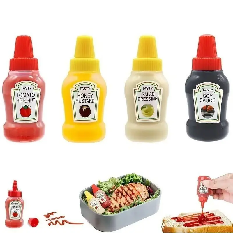 4 Piece Mini Portable Picnic Condiment Bottles, Tomato Sauce Bottle, Oil Bottle, Honey Dispenser, Lunch Box, BBQ Sauce Bottle
