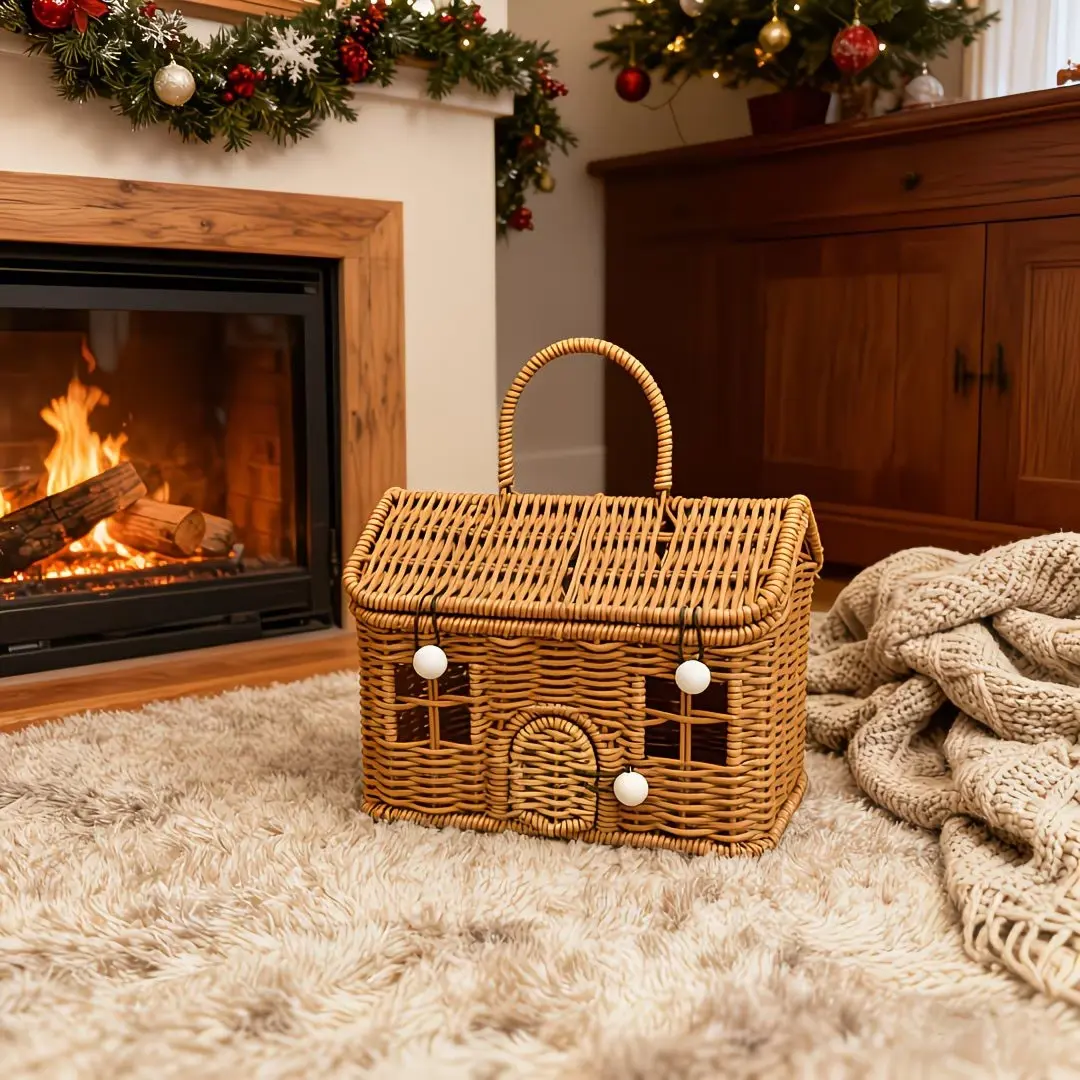 Handmade Rattan House-Shaped Handheld Storage Basket With Door, Multi-Purpose Organizer Box For Christmas Storage, Home Decor For Bedroom, Kitchen & Bathroom
