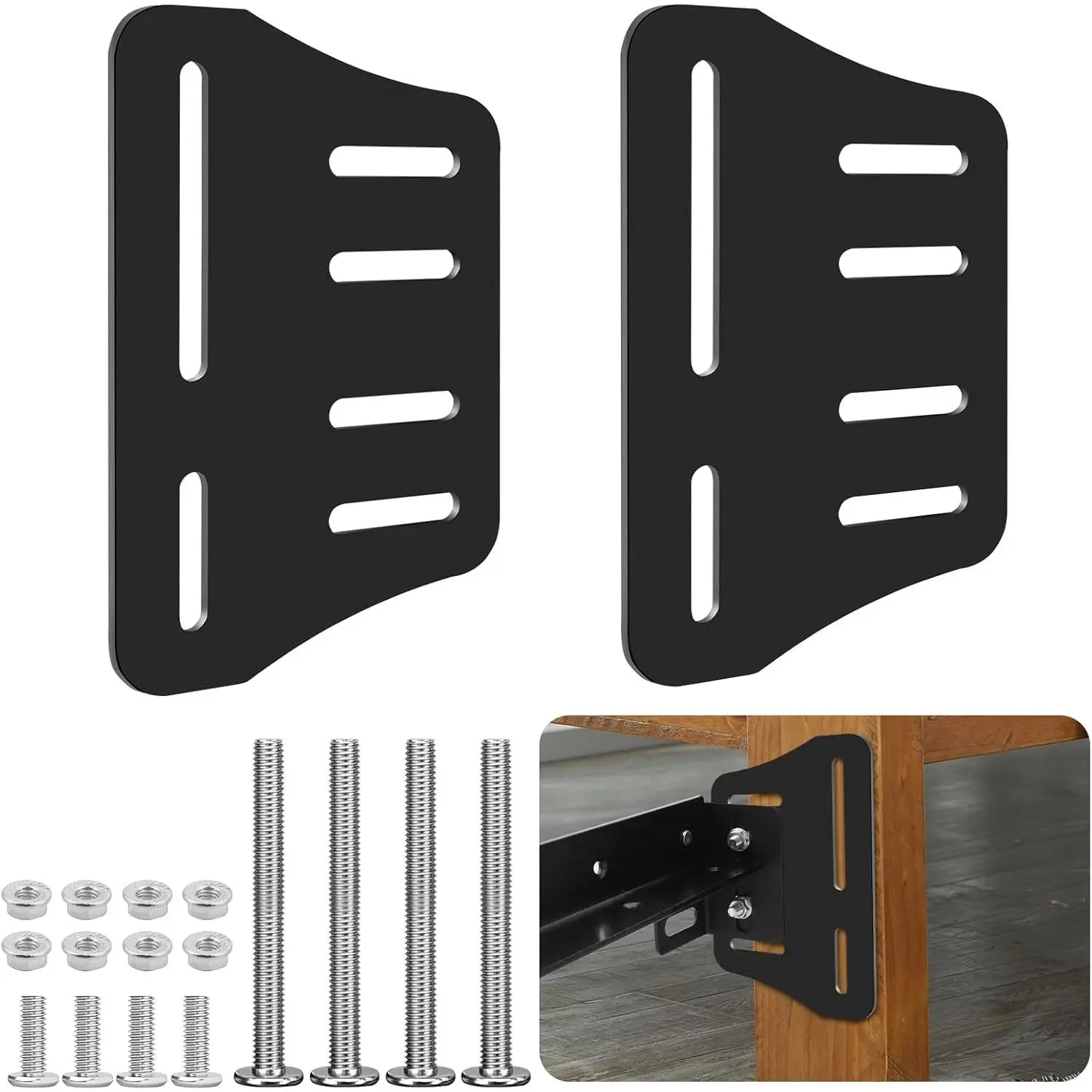2Pcs Queen Bed Modification Plate, Headboard Attachment Kit, Heavy Duty Bed Modification Plate, Headboard Attachment Bracket with Hardware (Black, Bed Frame Brackets)
