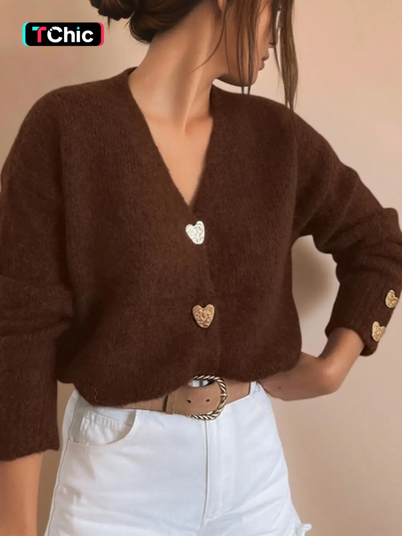 Fall Winter French Vintage V Neck Knit Cardigan, Sweater for Women, Oversized Long Sleeve Knit Top with heart metal buttons, soft knit fabric, relaxed fit layering for office dates casual outings, match shorts jeans skirts as inner outer wear