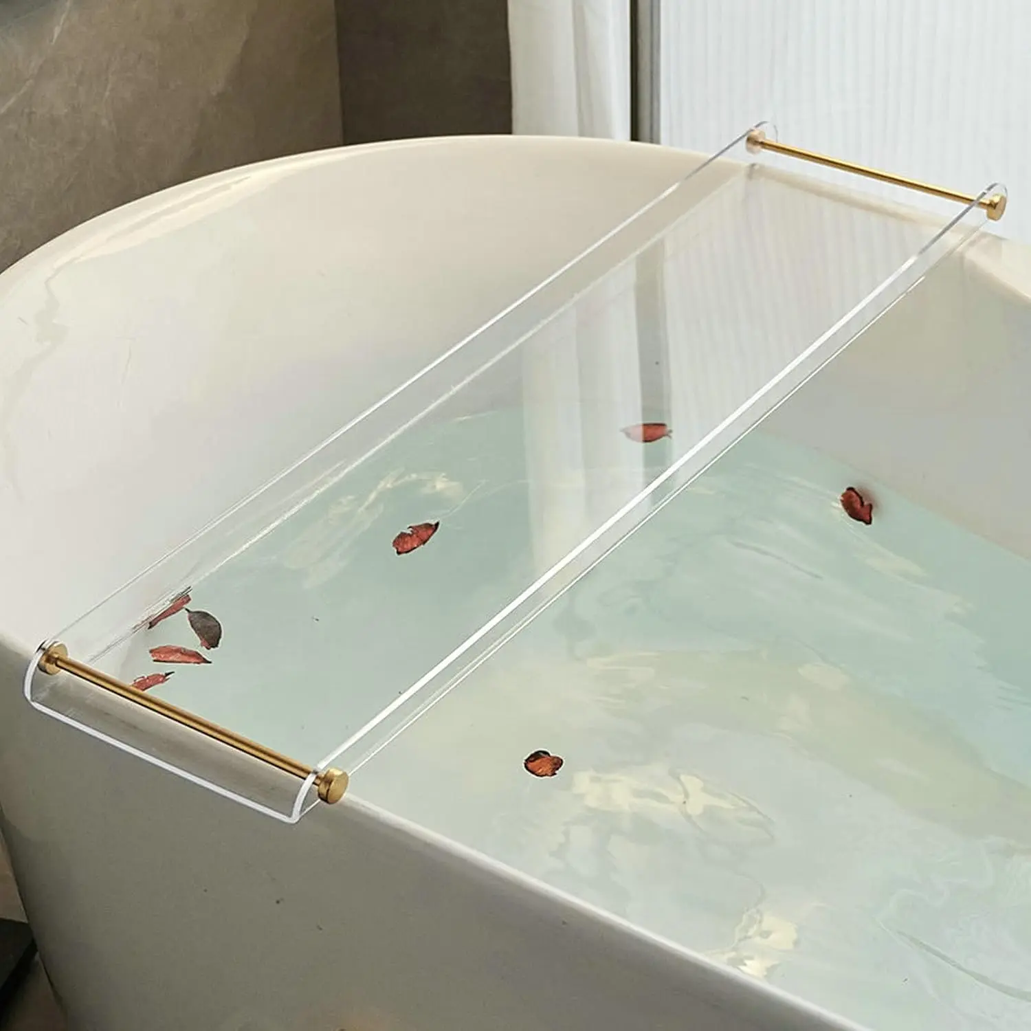 Acrylic Bathtub Tray Caddy, Clear Bath Shelf Tub Rack with Golden Handle, Luxury Bathroom Organizer Tablet Holder