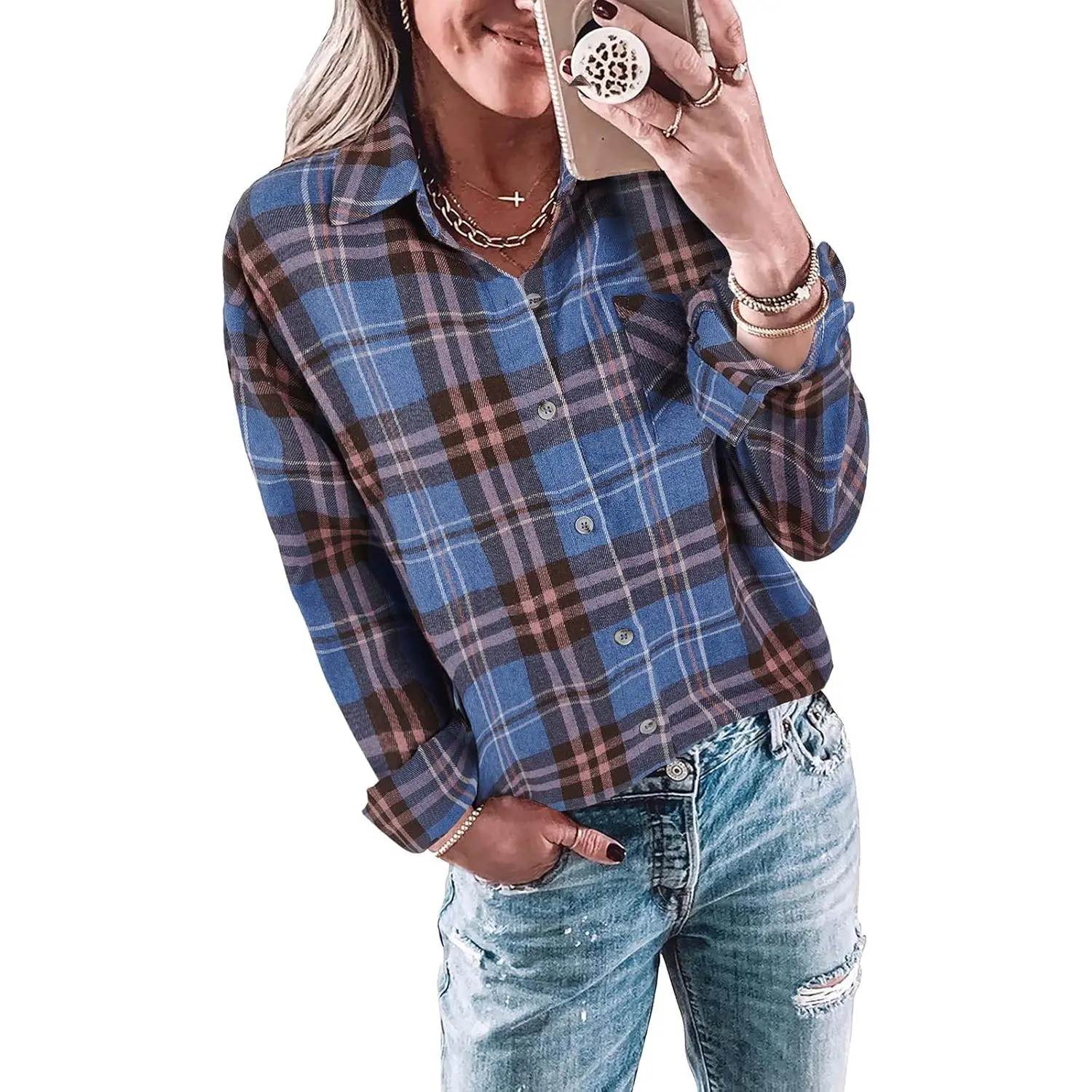 Tankeno Women's Long-Sleeve Button-Down Soft Plaid Flannel Shirt - Lady's Collared Blouse Tops with Stylish Clothes Design