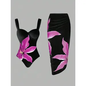 2026 Sleek Black & Pink Lily Print Bathing Suit with Cover-Up Set - Bustier Swimsuit and Ruched High-Slit Midi Skirt, Stylish Swimwear for Resort Trips, Summer Adventures, and Beach Photoshoots Summer Vibes Swimdress Swimming