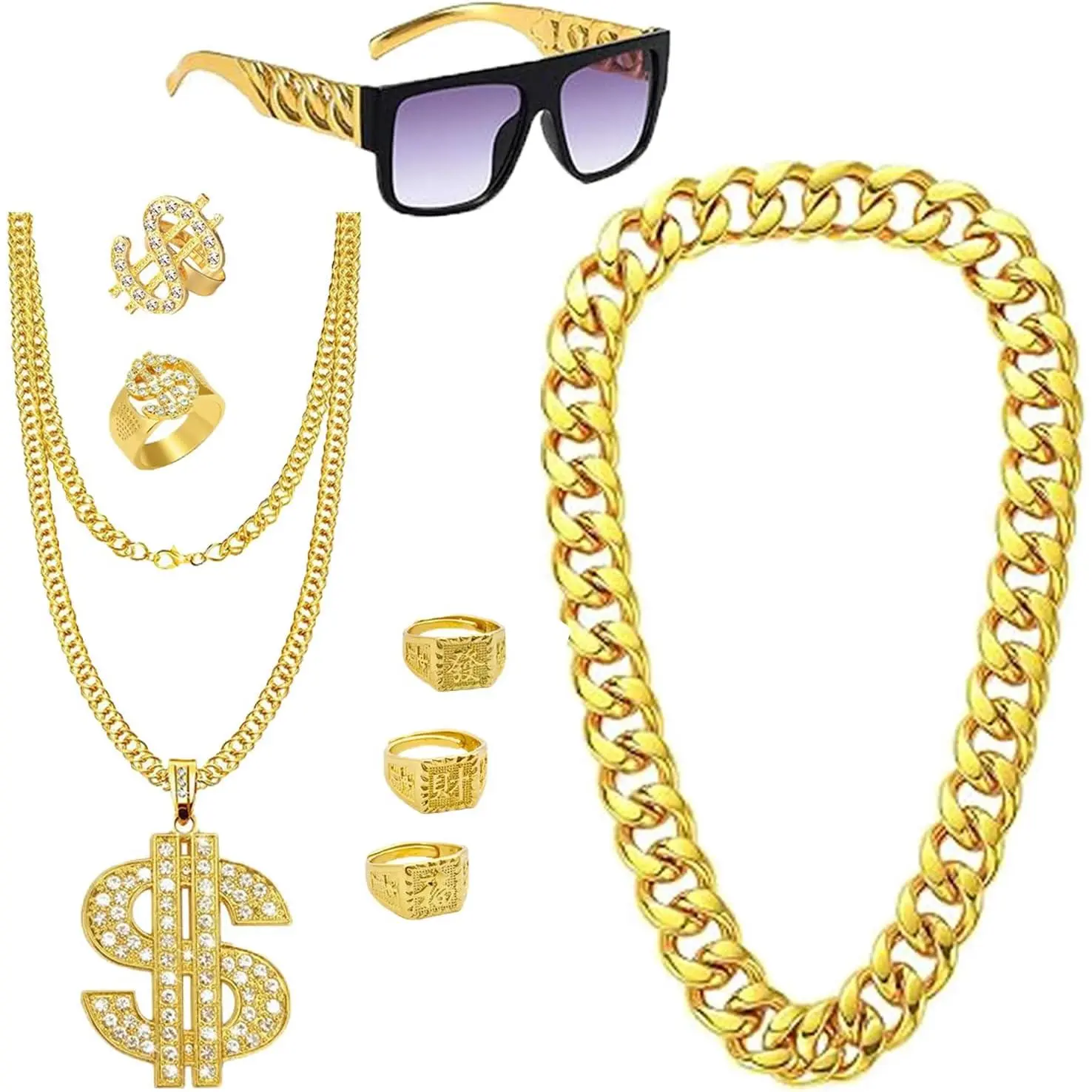80s 90s  Hop Costume Kit for Men Women 8- 10 count Old School Rapper Accessories with Dollar Sign Hat, Faux  Rope Chain, Bracelet, Dollar Chain, Rings for Halloween Pimp Costume  Digger Outfit