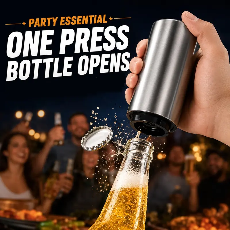 Stainless Steel Automatic Beer Bottle Cap Opener, Magnetic Press-Top Cap Remover for Home, Camping, Bar and Party Use, Lightweight Portable Design, Bottle Openers