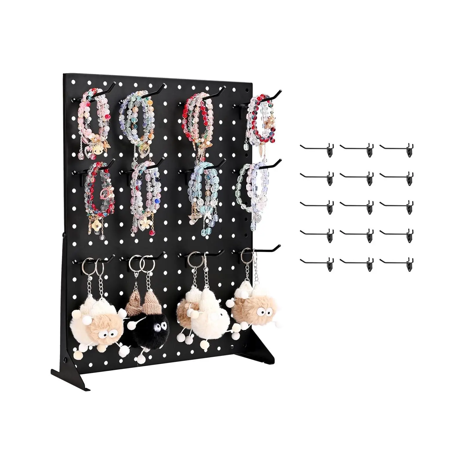Pegboard Display Stand With 15 Hooks And Pegboard Panels For Wall Mounting In Black Finish, Durable Steel Construction For Garage, Workshop Or Home Organization Of Tools, Cables, Hoses, And Small Accessories, 1 Piece