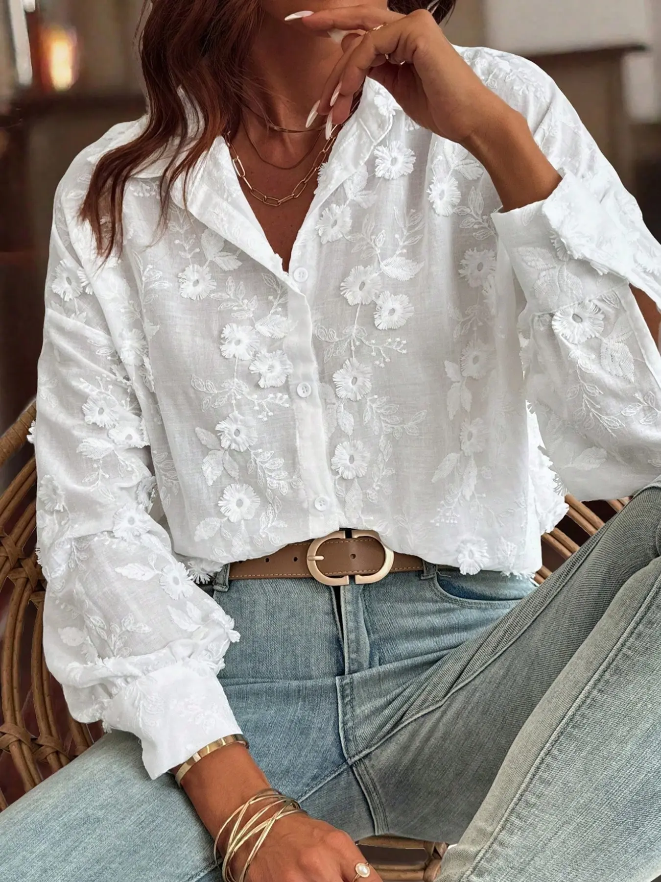 Women's Floral Embroidered Shirt, Loose Breathable Linen Cotton Top, Collar Single Button Design, Casual Summer