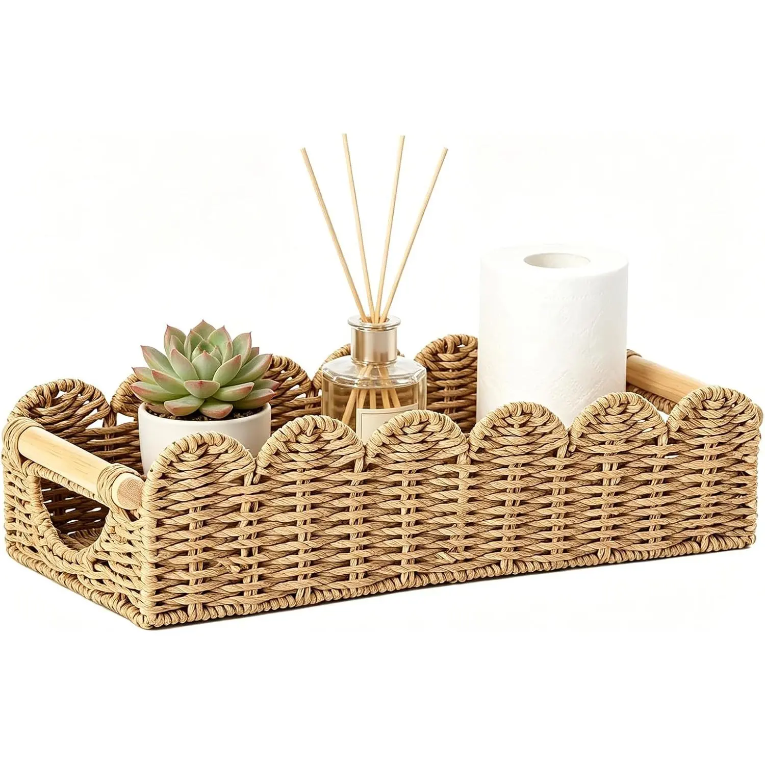 Upgraded Bathroom Basket Organizer w/Cut Out Handle,  of Toilet Paper Storage Baskets Tray for Bathroom Countertop Decorative, Scalloped Wicker Basket Also for  Decor, Living Room (Neutral)