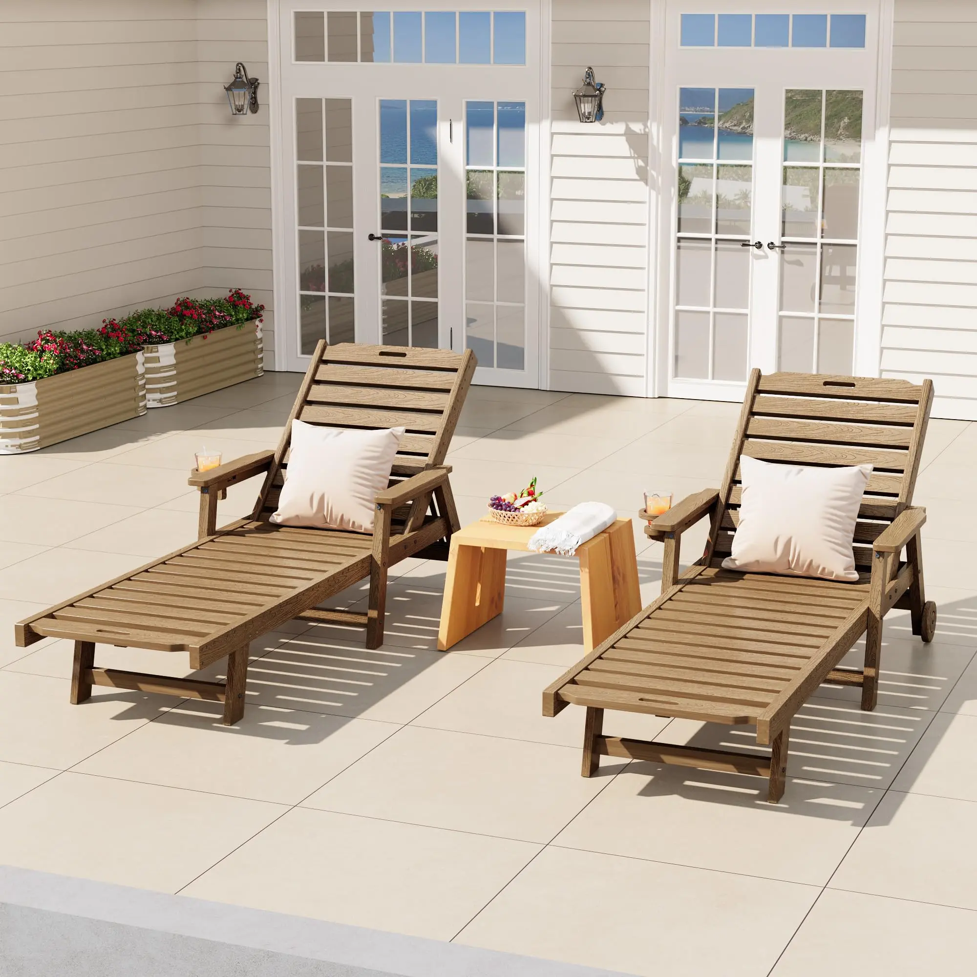 【Summer Sale】Heavy Duty HDPE Chaise Lounge Chair for Patio – 5-Position Adjustable Recliner with Cup Holder & Removable Wheels – Weather Resistant Poolside Deck Garden Furniture – Brown