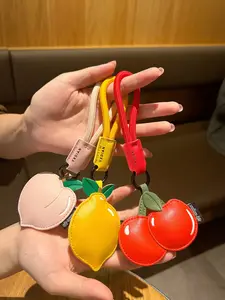 Fruit Shape Keychain, Cute PU Leather Bag Charm with Anti-Loss Strap, Lemon Cherry Peach Pendant, Girl Student Festival Birthday Gift