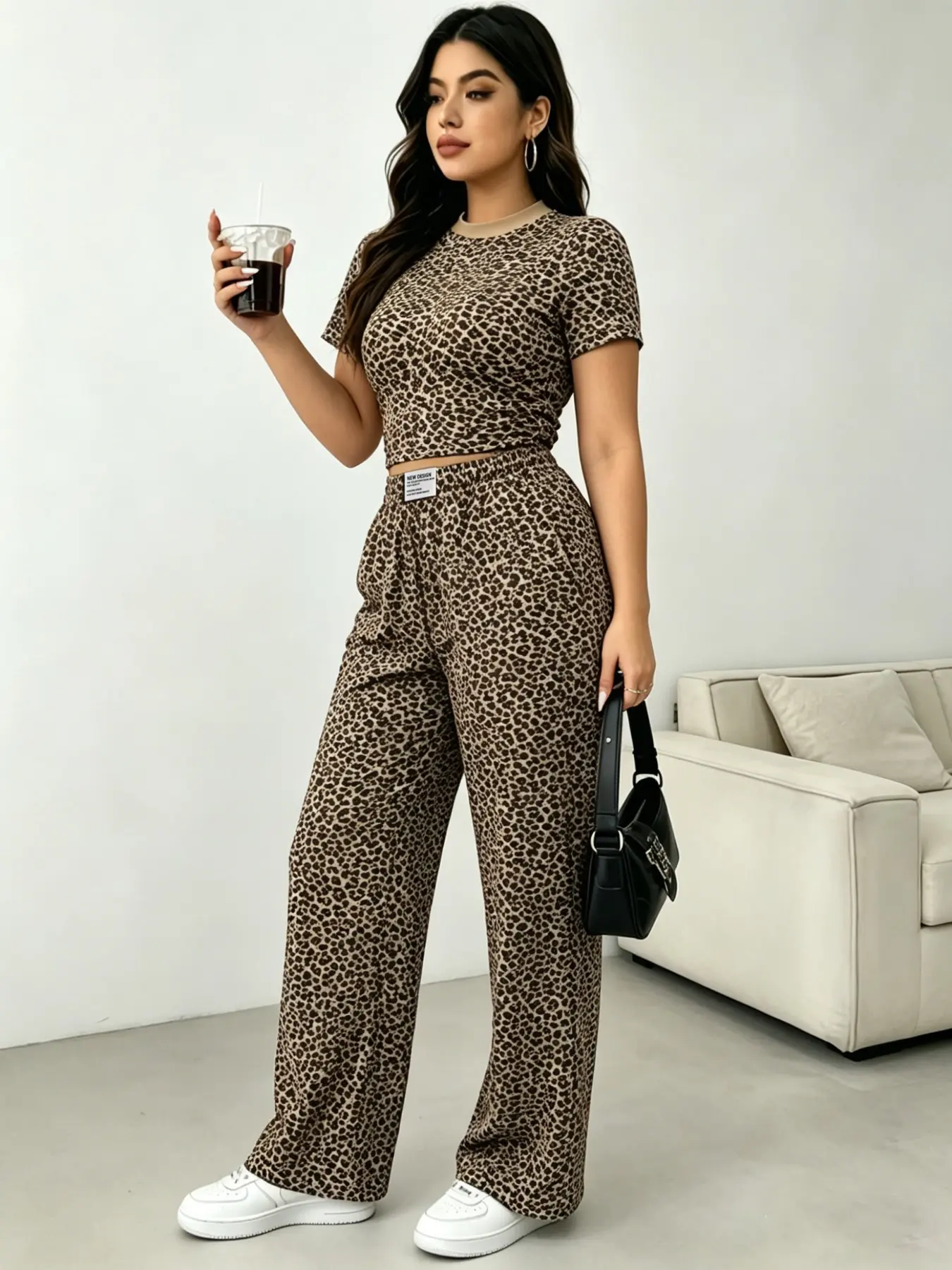 Elastic Slimming Leopard Print Two-Piece Set, Tight Short Tee and Flowy Wide Leg Pants, Women's Home Wear, Casual Fitted Clothing