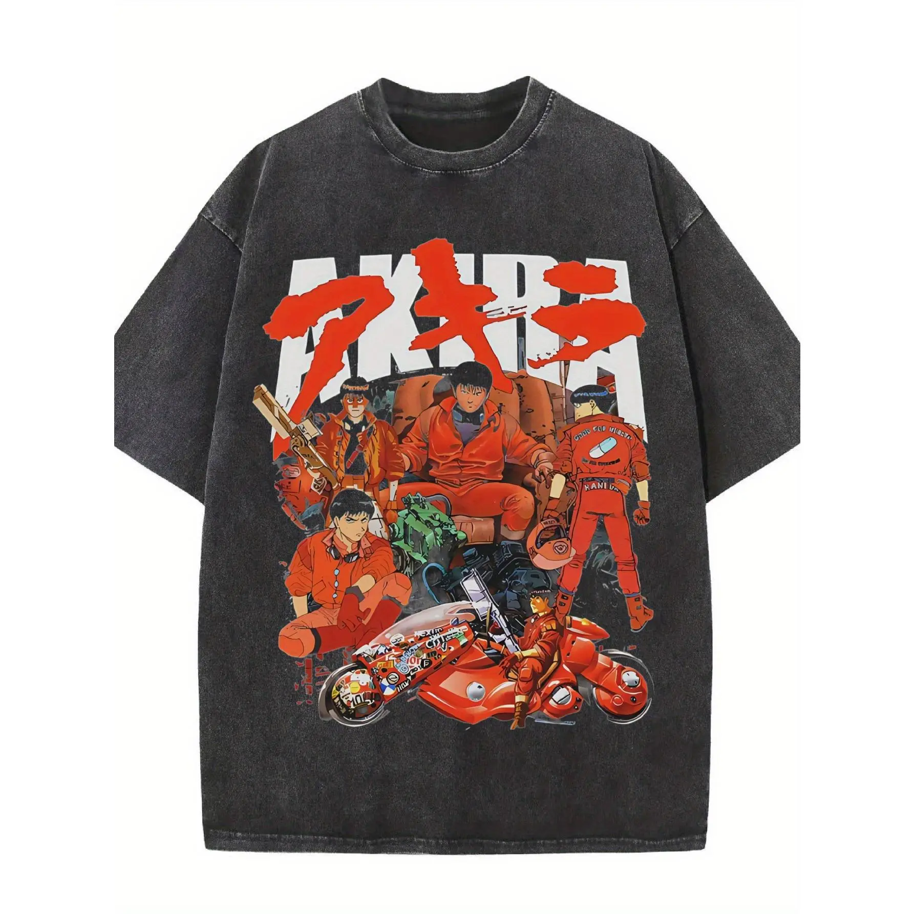 Akira Kaneda Bike Collage Anime Graphic Tee Vintage Acid Washed Crew Neck Short Sleeve Knit T-Shirt For Men, Slight Stretch Casual Streetwear Top, Washable All Season Cyberpunk Fan Daily Oversized Shirts
