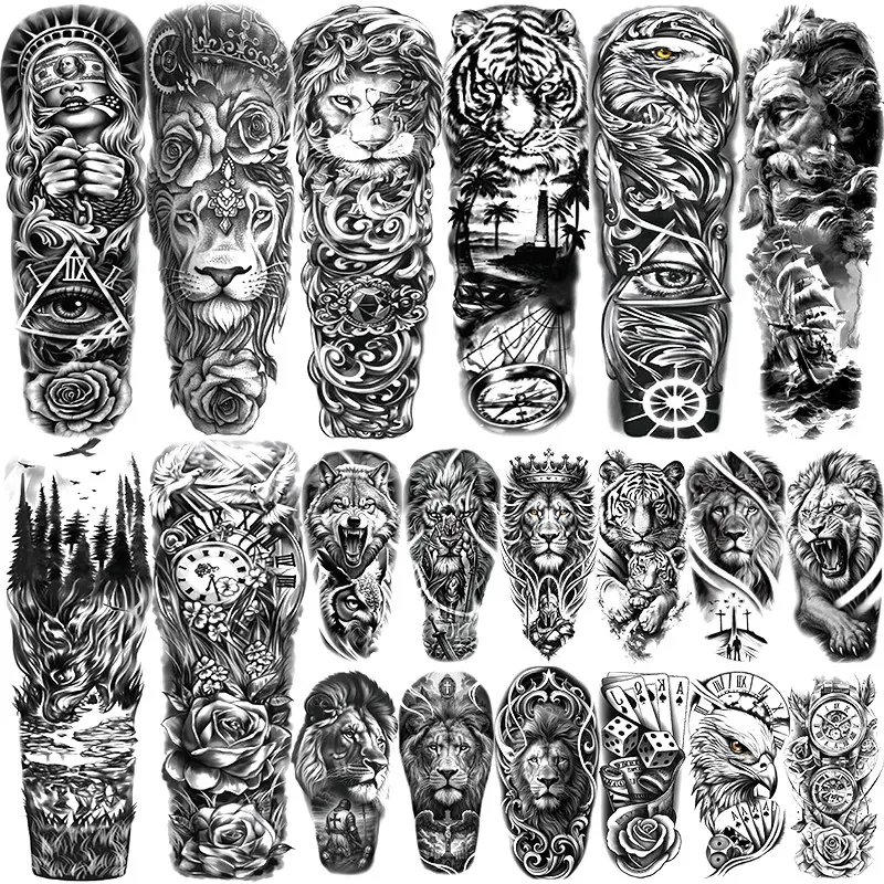 20 Large Animal Temporary Tattoos, 8 Full Arm Lion Tiger Eagle Designs, 12 Waterproof Half Arm Animal Floral Fake Tattoos, Adult Body Art Decor, Aesthetic Tattoo Merch