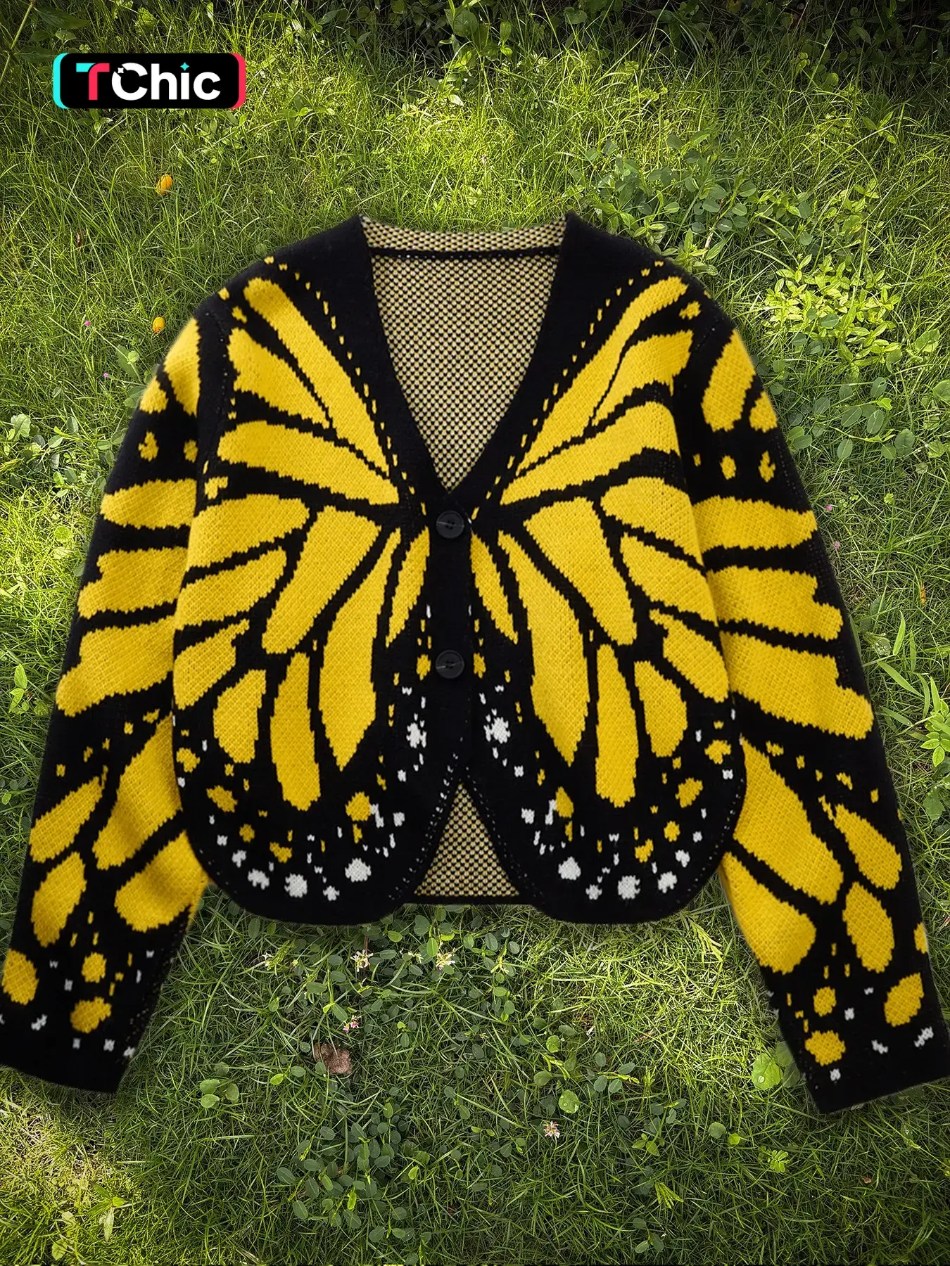 Women's Butterfly Pattern Knit Cardigan, V-Neck Button Long Sleeve Short Coat, Fall Sweater Jacket for Travel, Outdoor Picnics
