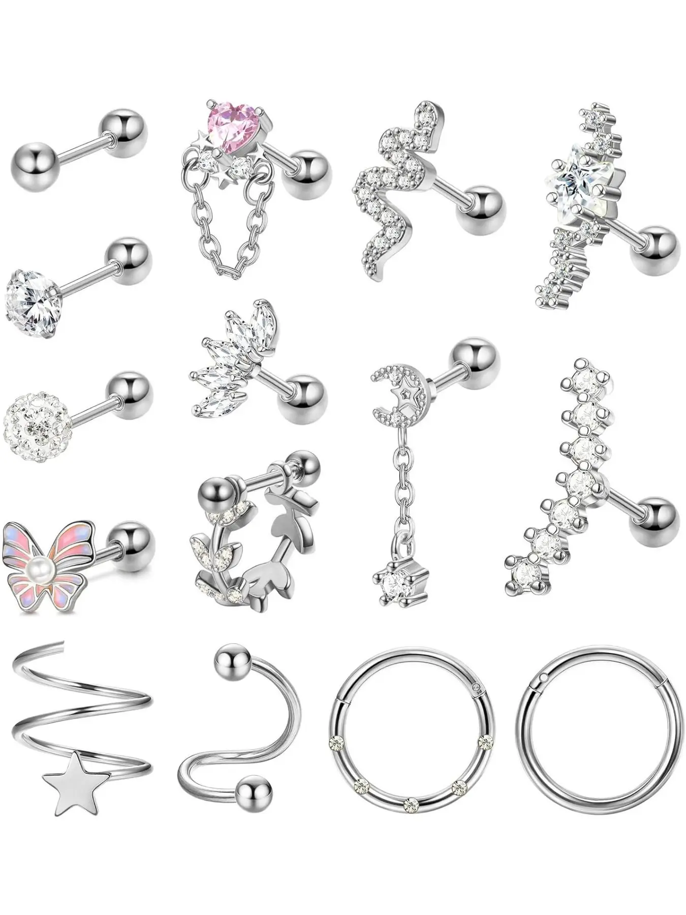 16g Cartilage Earring for Women Men, Stainless Steel Hoop with Butterfly Cz Dangle, Daith Tragus Couch Helix Piercing Jewelry, Body Jewellery