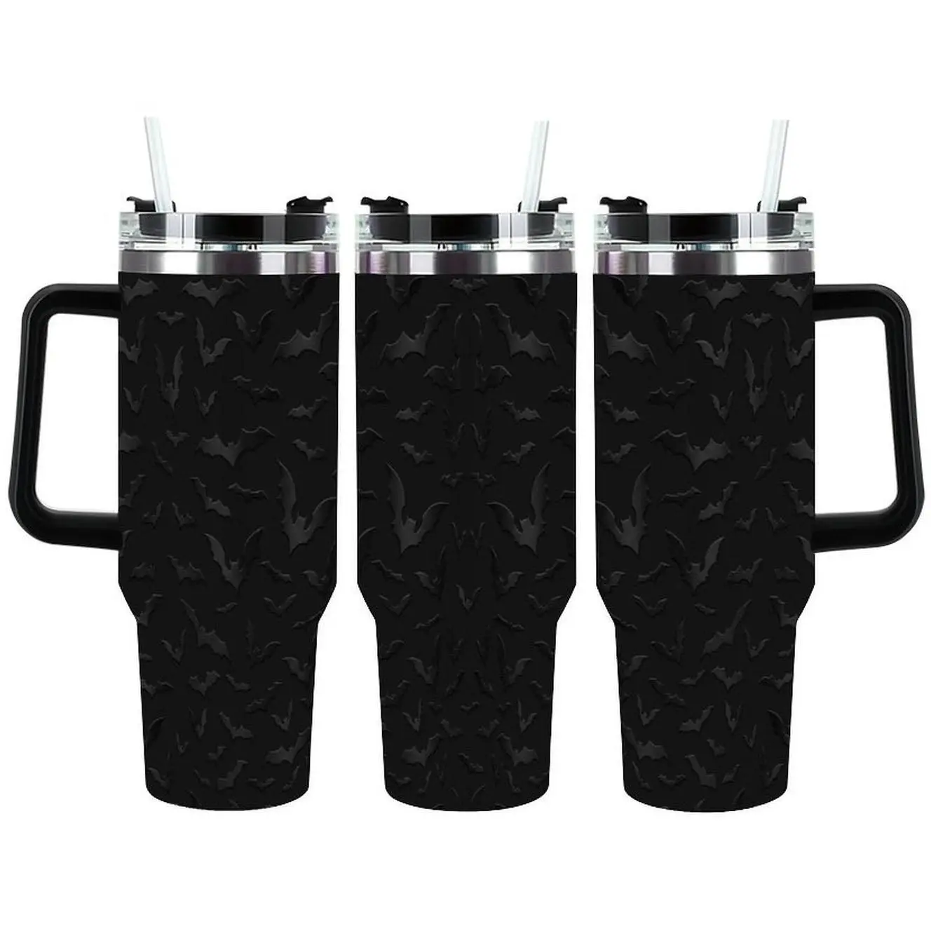 Black Embossed Bat Tumbler, Dark Gothic Aesthetic Pattern, Insulated Stainless Steel Travel Cup for Halloween Daily Use