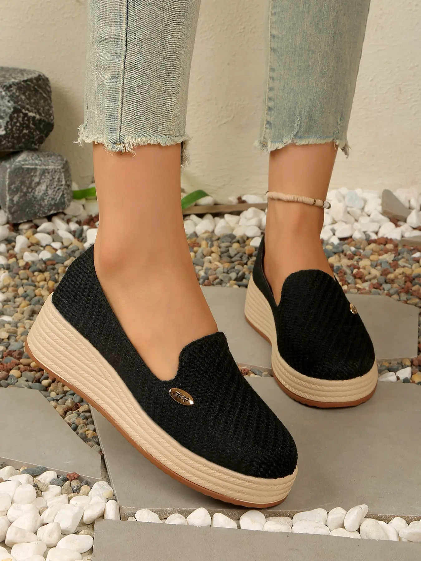 Women's Breathable Straw Pattern Loafers, Slip-On Thick Sole Shoes, Anti-Slip Hidden Heel, Casual Flat Leather Shoes for Summer, Thick Soled Loafers