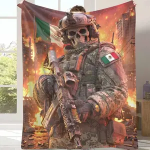 Military Soldier Flannel Blanket, Tactical Warrior with Mexico Flag Print Design, Baby blankets and adult blankets, Soft Warm Durable Cozy Throw for Bedroom Decoration, Living Room Sofa, Outdoor Camping, Holiday Gift, Veteran Tribute, Home Comfort Use, Al