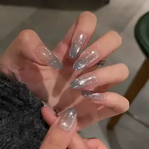 2026 Spring Summer New Icy Silver Grey Glass Bead Cat Eye Press On Nails Short Oval Glossy Handmade Reusable Fake Nails Set of 10 with Jelly Tabs Pusher File | 3D Magnetic Cat Eye Shimmer Skin-Whitening Cool Minimalist Daily Office Date Night Hot Sale