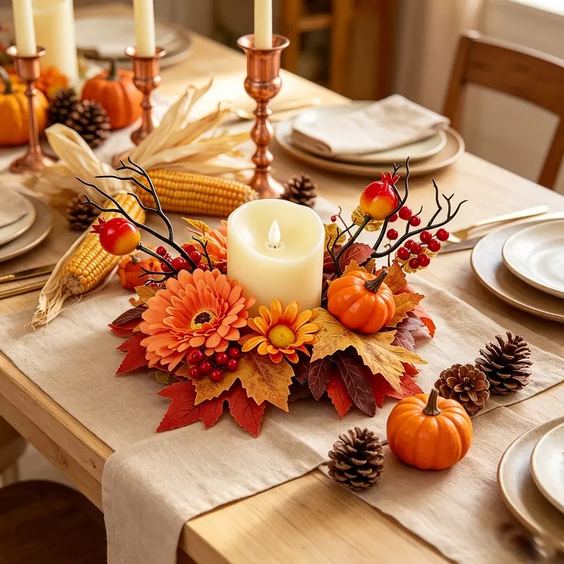 Fall Gerbera Pumpkin Candle Ring Wreath, Artificial Maple Leaves, Pomegranate & Red Berries Candle Centerpiece, Rustic Farmhouse Table Decor for Autumn Thanksgiving Harvest Dining Mantel Decoration