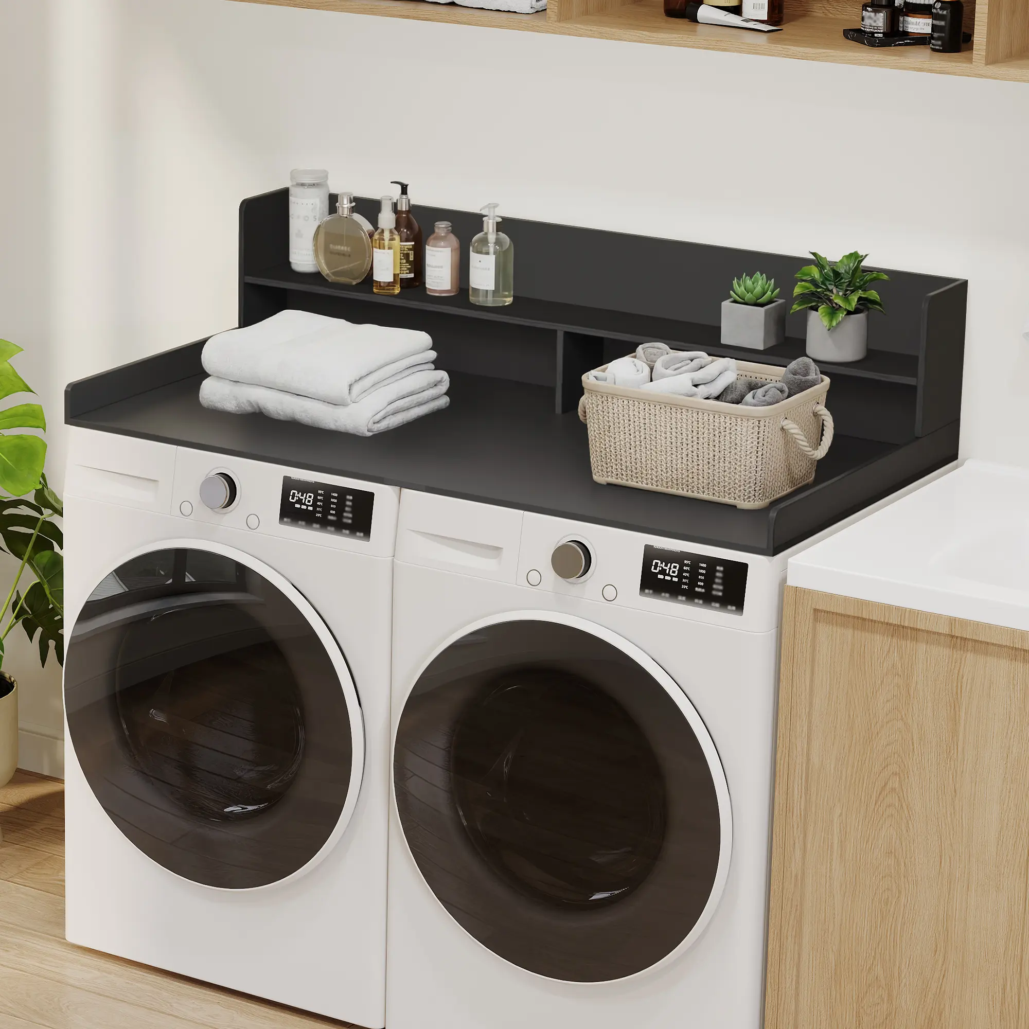 Washer Dryer Countertop 2 Tier Wood Laundry Topper Organizer for Folding Ironing and Storage Space Saving Non Slip Board