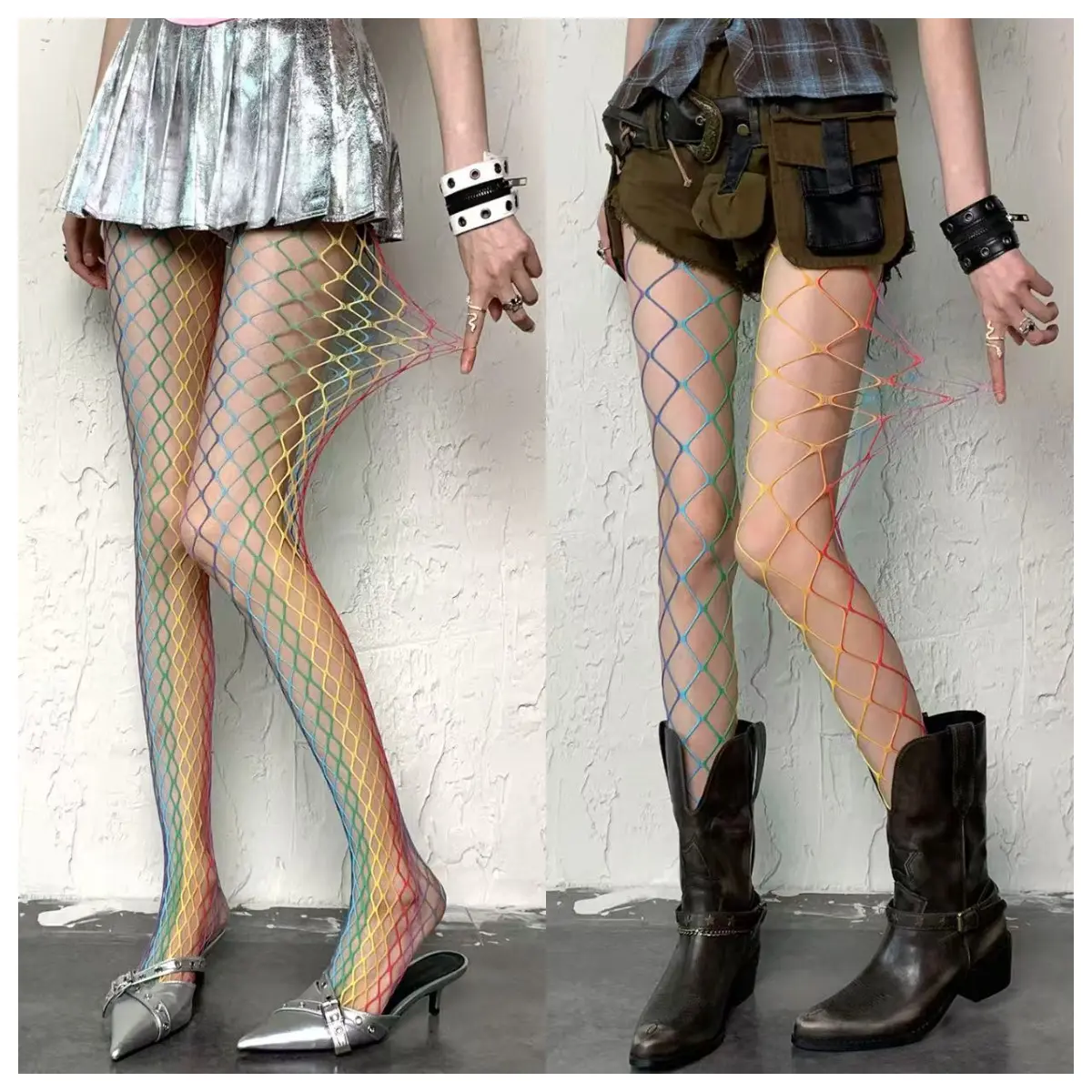 Women's 3-PCS Gradient Fishnet Stockings - Large Mesh Rainbow Socks, Multi-Size Sheer Grid Tights, Festival Party Wear, Sports & Outdoor Sun Protective Accessory, Festival Wear, Fishnet Grid, Mesh Tights