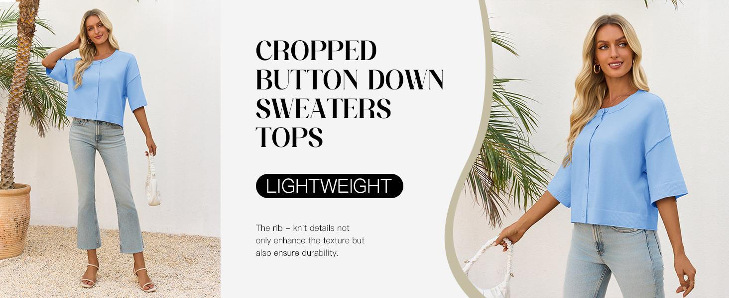 FMEYOA Womens Half Sleeve Cardigan Sweaters Cropped Button Down Tops Oversized Lightweight Ribbed Knit Summer Outfits