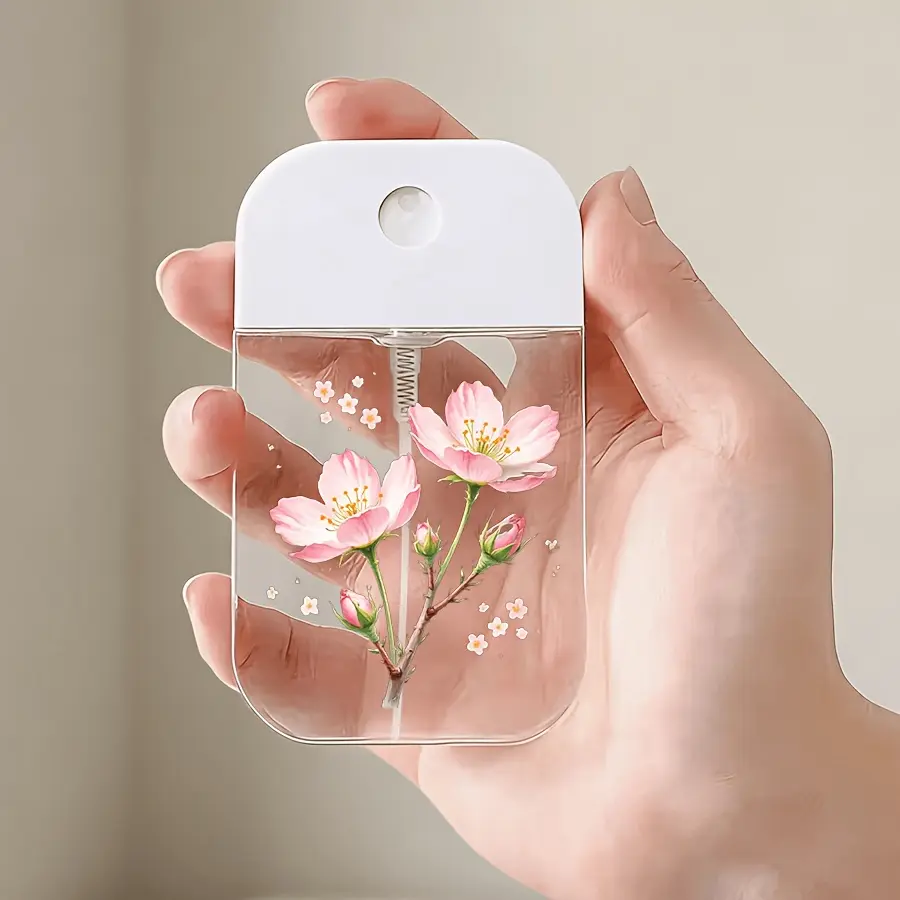 1pc Portable Card-Style Spray Bottle with Pink Cherry Blossom Branch Design, Featuring Fine Mist Spray And Small Funnel, Reusable Transparent Travel Container Suitable for Cosmetics, Travel, Alcohol, Home, Hand, Face, Plants, Office