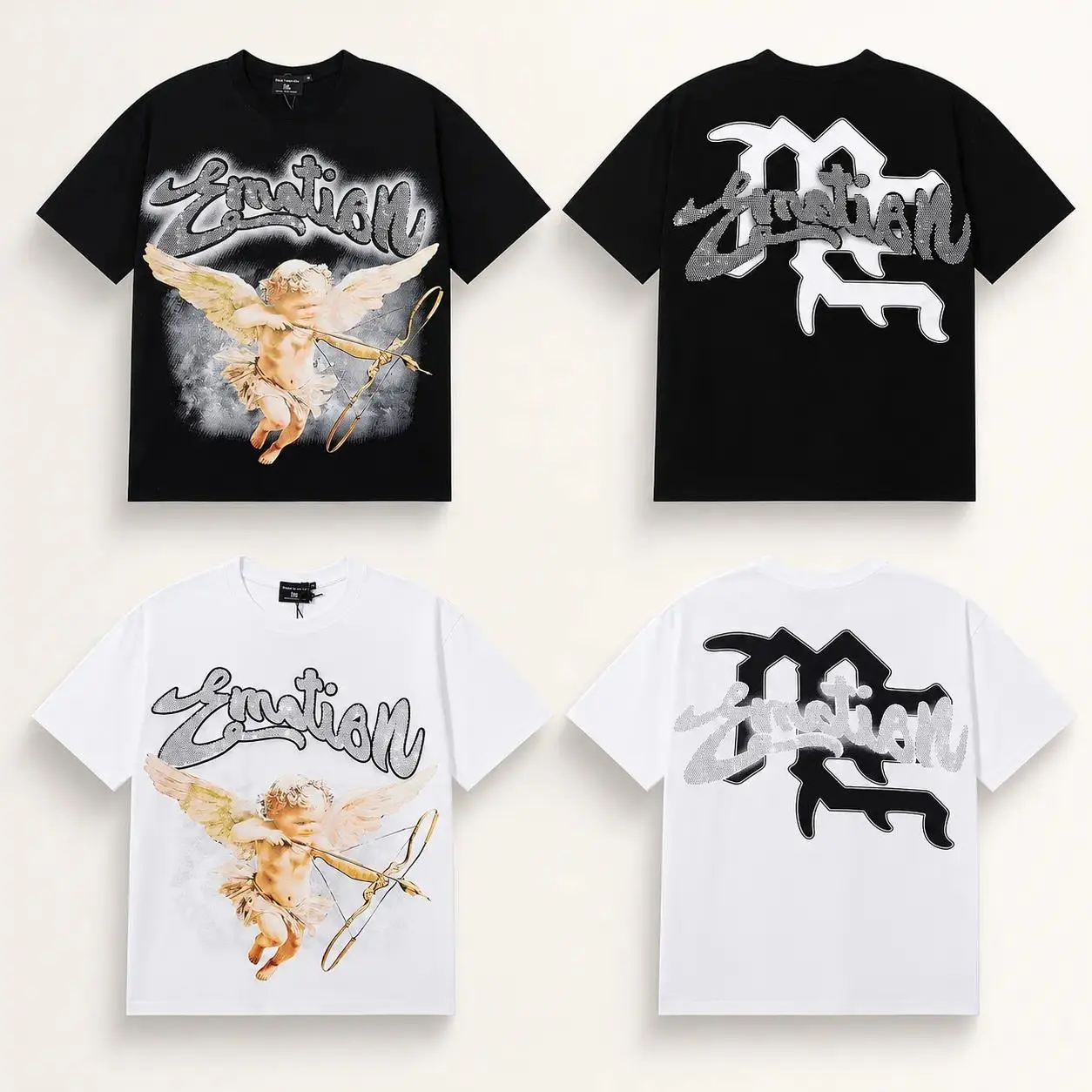 Rmixd Emotion Rhinestone Graphic T-Shirt, Oversized Cotton Short Sleeve Tee for Men Women, Angel Print Gothic Y2K Streetwear Top, Hip Hop Casual Summer Shirt, Trendy Vintage Style Fashion Apparel Rmixd Emotion Rhinestone Graphic T-Shirt, Oversized Cotton