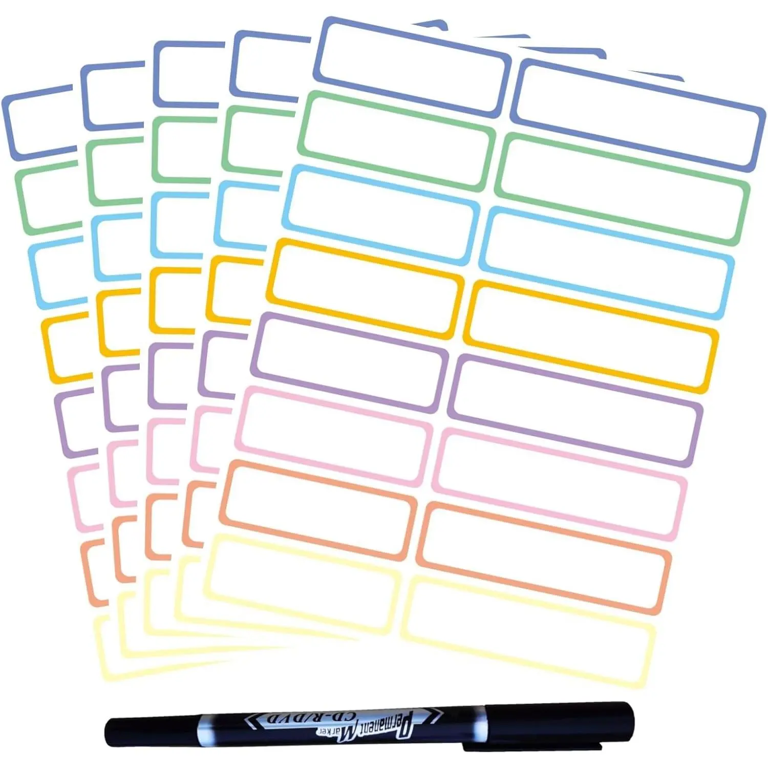 Waterproof Name Labels for Kids, 320 Pcs Write-on Color Border Name Tags with Marker Pen | Colored Removable Label Stickers for School Supplies, Office, Bottles, Jars & Home Storage Organization