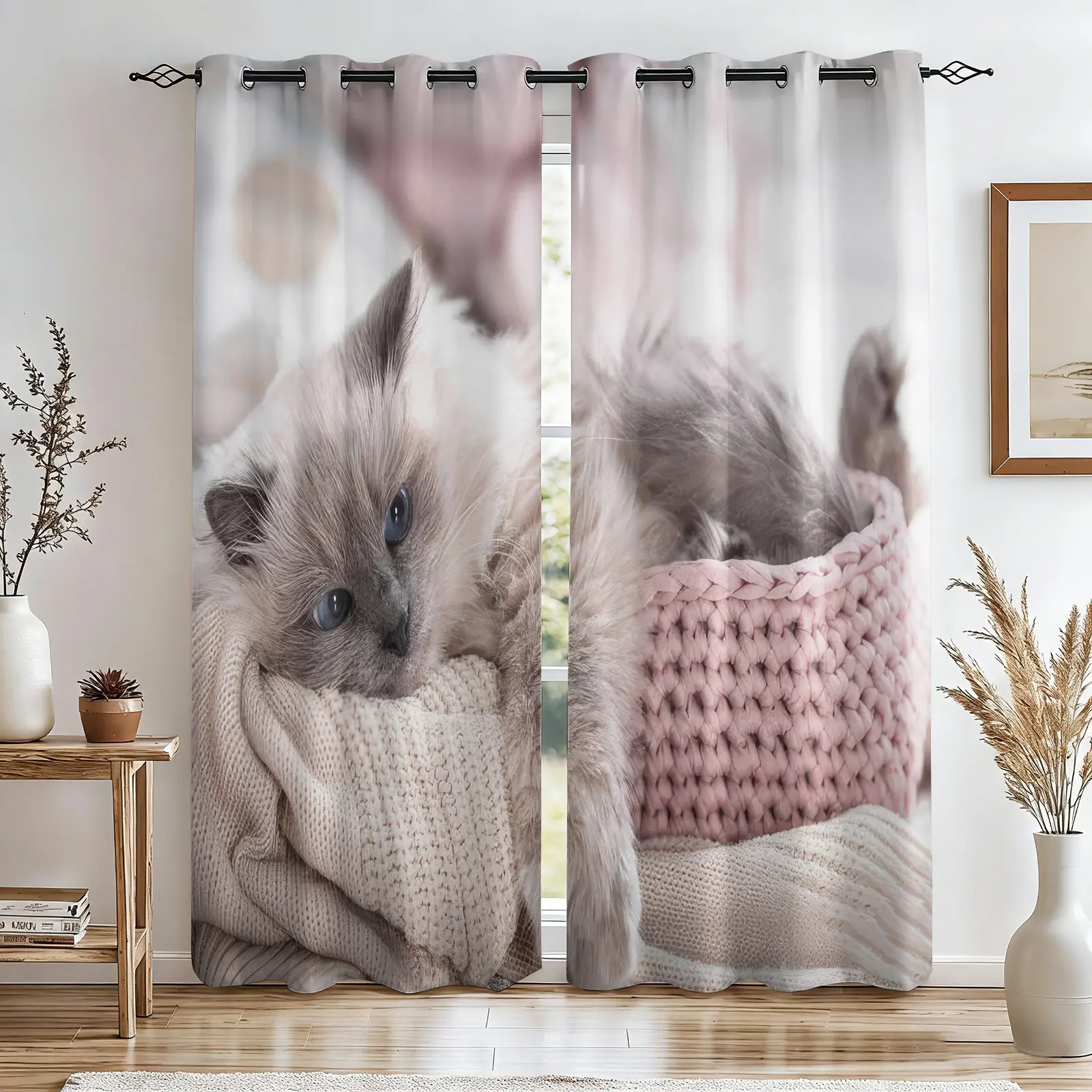 2 Panels Cute Ragdoll Kitten Print Curtains, Soft Fluffy Cat in Knitted Basket Pattern, Light Darkening Curtains for Girls Bedroom, Warm Pet Aesthetic Themed for Cat Lovers Living Room & Apartment