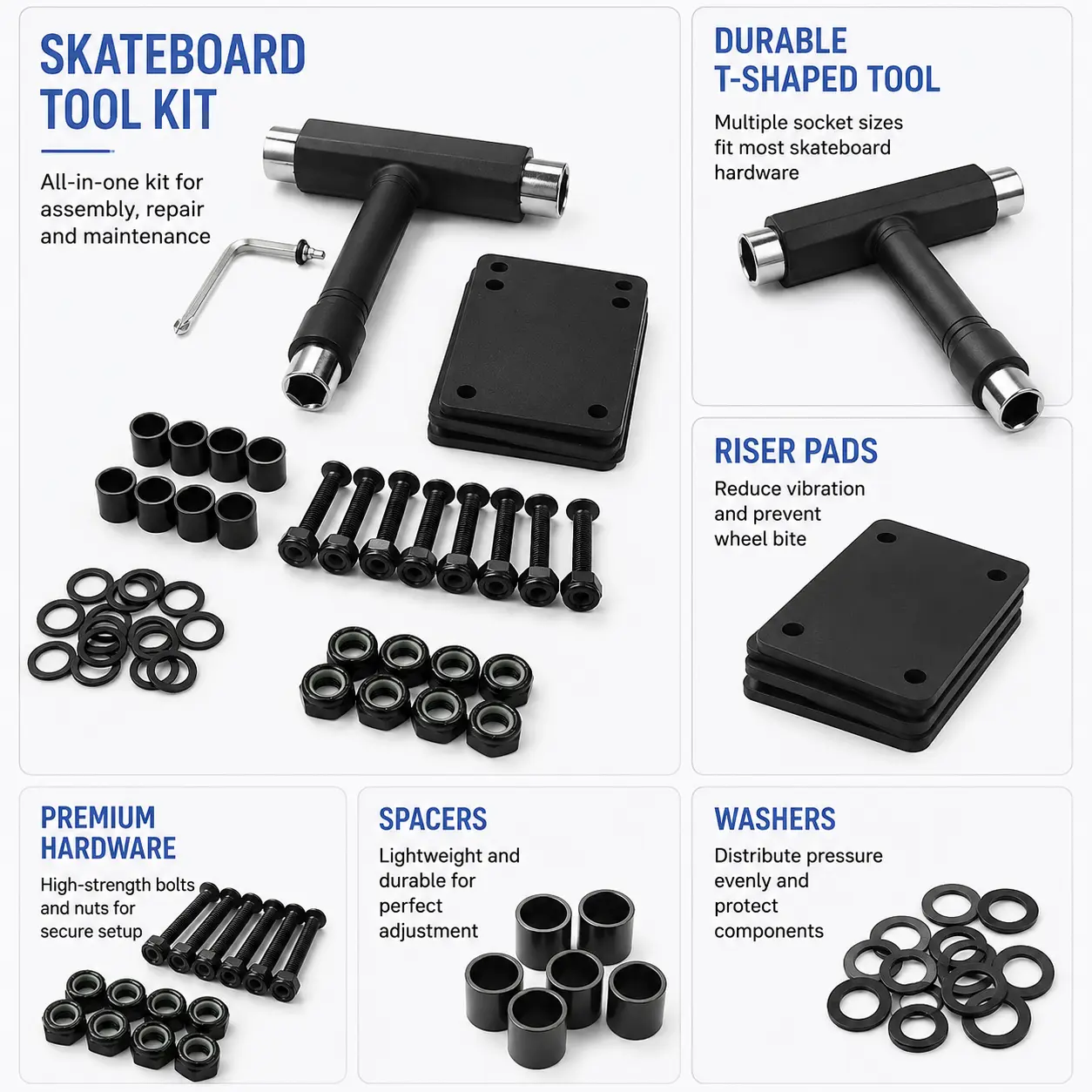 Professional Skateboarding Hardware Kit - 29mm Metal Bolts, 3mm PU Bushings, Washers, Socket Wrench, Thread Repair Tools for Assembly Repair, Smooth Turning & Enhanced Stability, Functional Kit