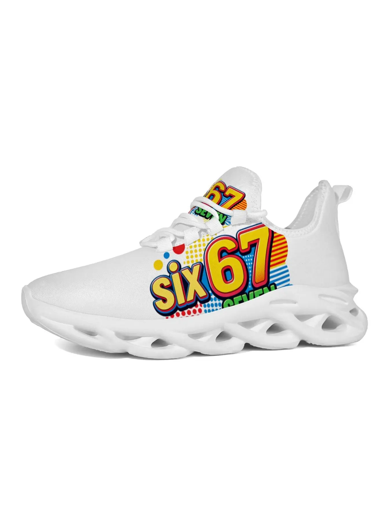 Vibrant Pop Art Six 67 Number Graphic Sneakers, White Base Colorful Halftone Comic Letter Print Shock Absorbing Breathable Mesh Blade Shoes Street Casual Walking Trainers Unisex