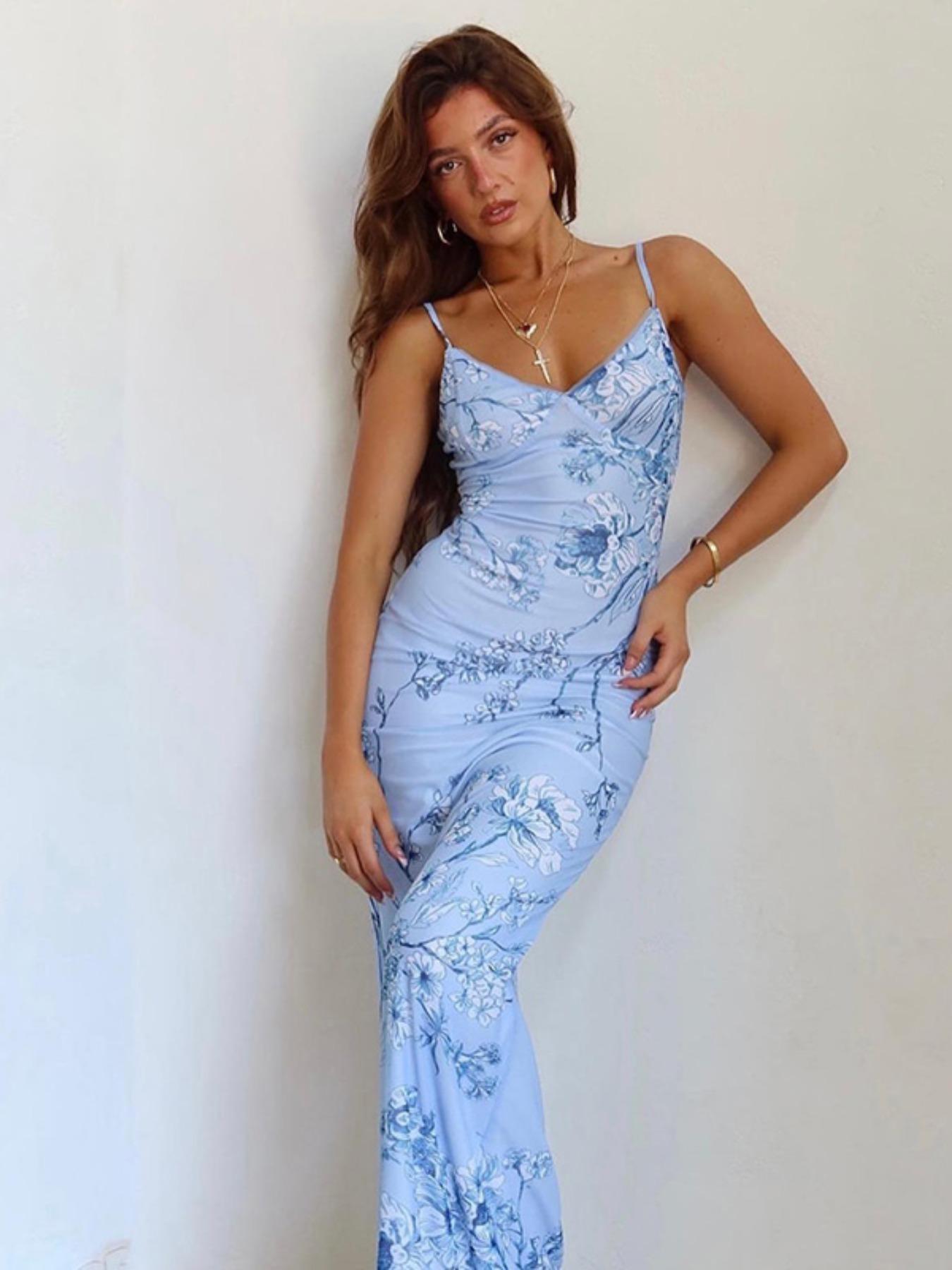 2025 Trendy, Women's Floral Print Mermaid Bodycon Cami Dress, Summer Clothes Women, for Beach Holiday
