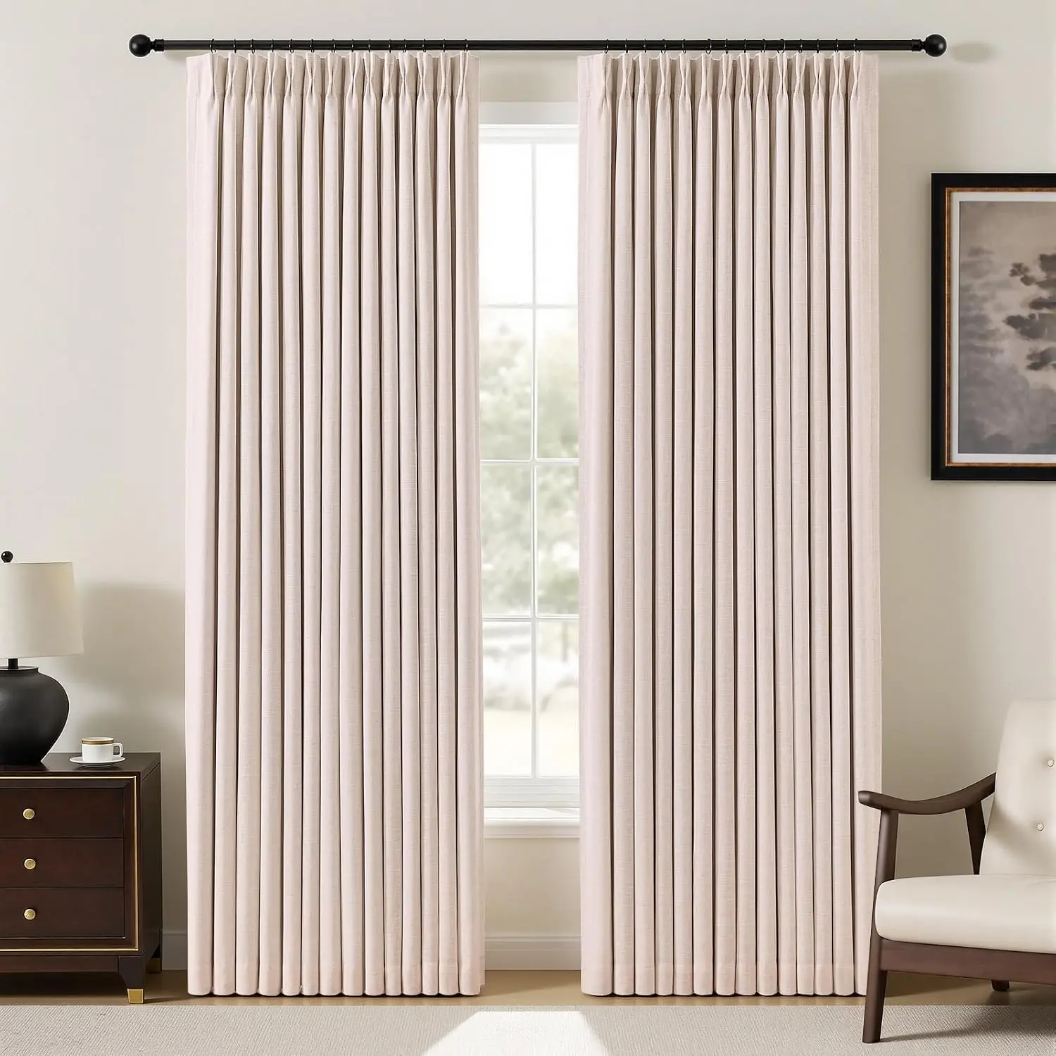 Pinch Memory Pleats Linen Blend Blackout Curtains, 2 Panels 40"W x 84"L, Thermal Insulated Room Darkening Drapes with Rings Hooks for Bedroom/Living Home Windows