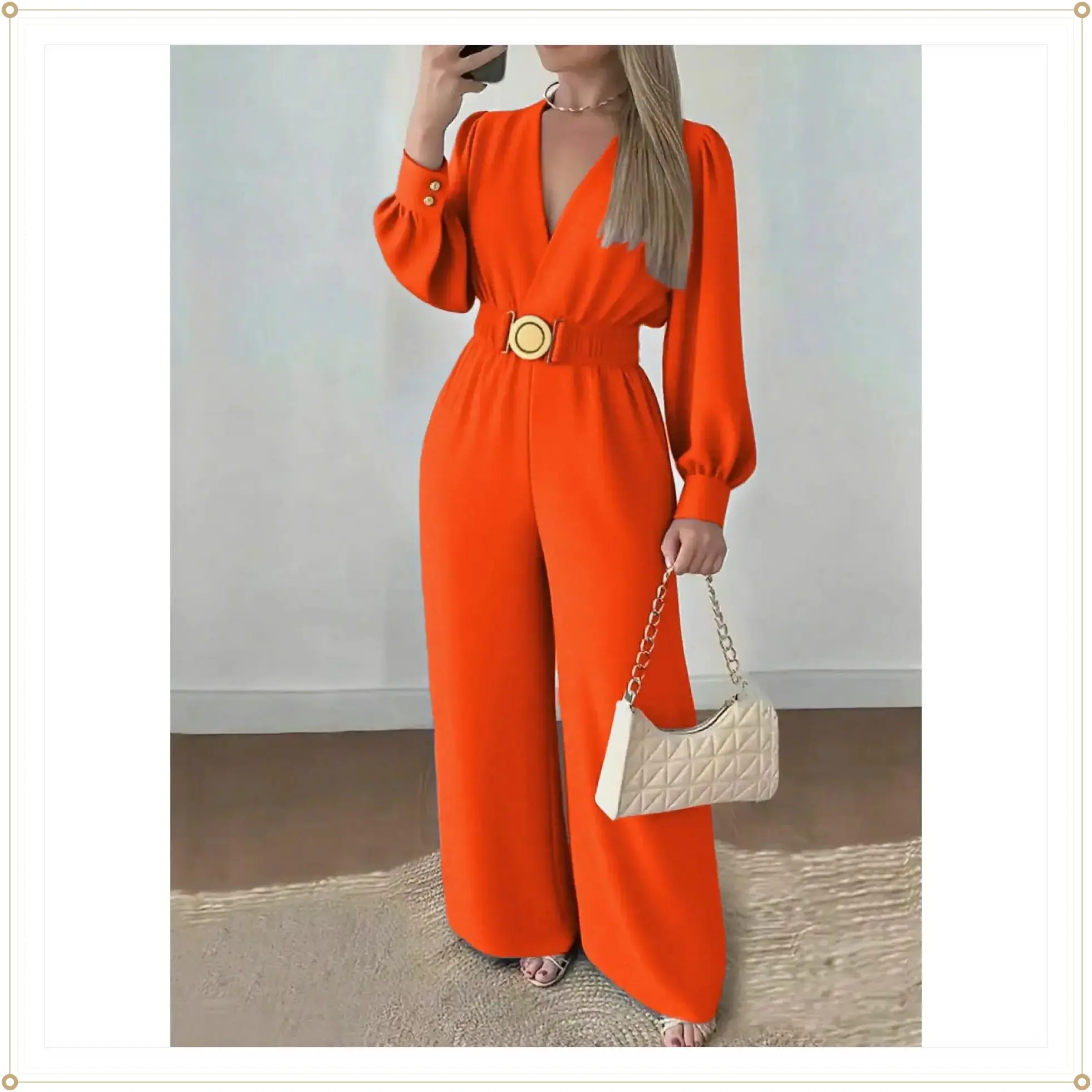 A set of casual women's waist cinched jumpsuit V-neck bubble sleeve wide leg pants, suitable for autumn and winter, suitable for home, indoor, and outdoor wear Adjustable Waist Jumpsuit