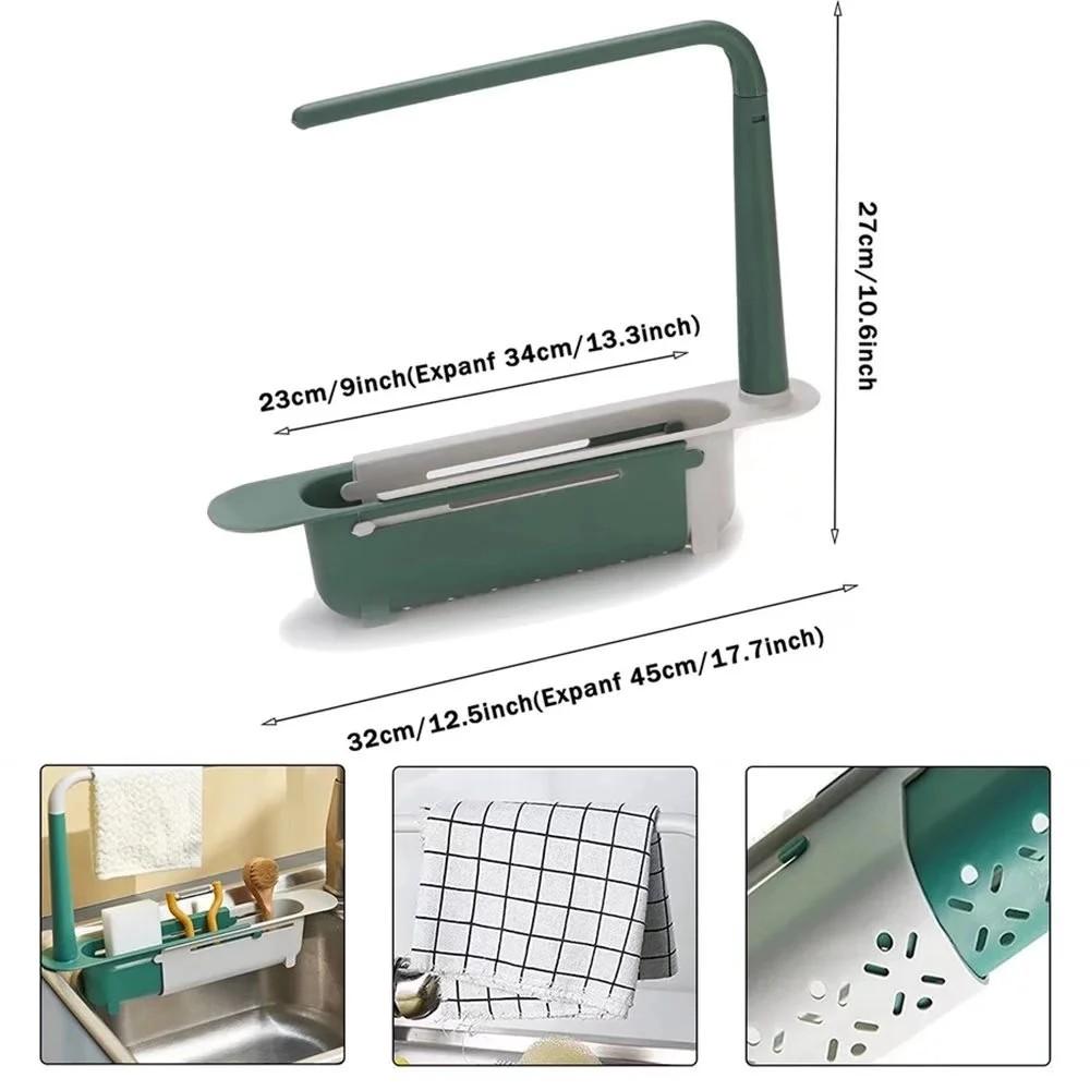 Adjustable Telescopic Thick PP Retractable Sink Organizer - Kitchen/Bath Functional Rack with Cloth Hanging Rod, Hollow Drainage Side Boards with Drain Holes for Cleaning Supplies, Adjustable Size Feature
