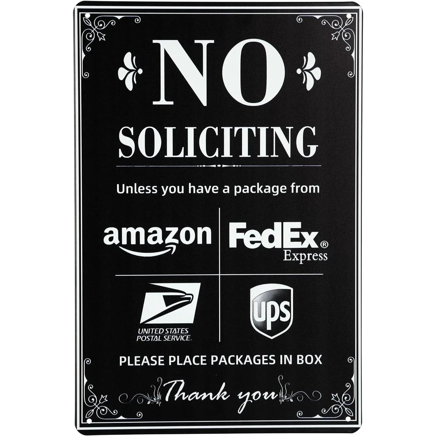 NO SOLICITING Decorative Sign Chic Metal Delivery Sign for Outdoor Yard Front Door or Indoor office Room Wall Decor to Discourage Unwanted Visitors- PLEASE PLACE PACKAGES IN BOX (Color01)
