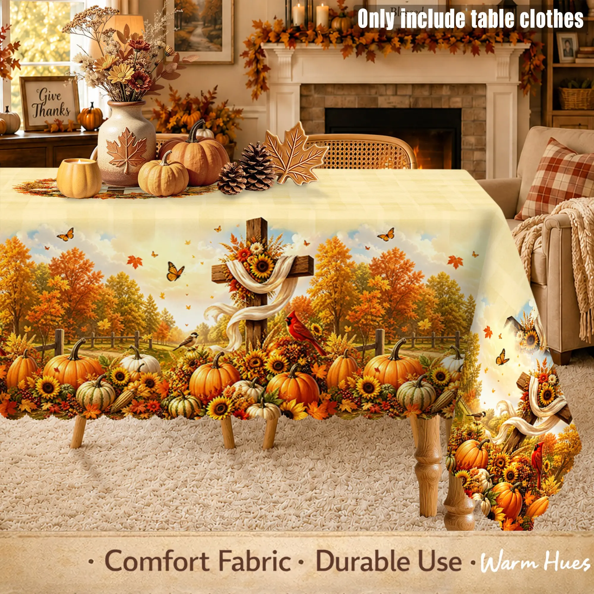 Thanksgiving Fall Harvest Theme Rectangular Tablecloth, Buffalo Check, Wooden Cross, Sunflower, Pumpkin, Redbird, Maple Leaf, Indoor Outdoor Decor