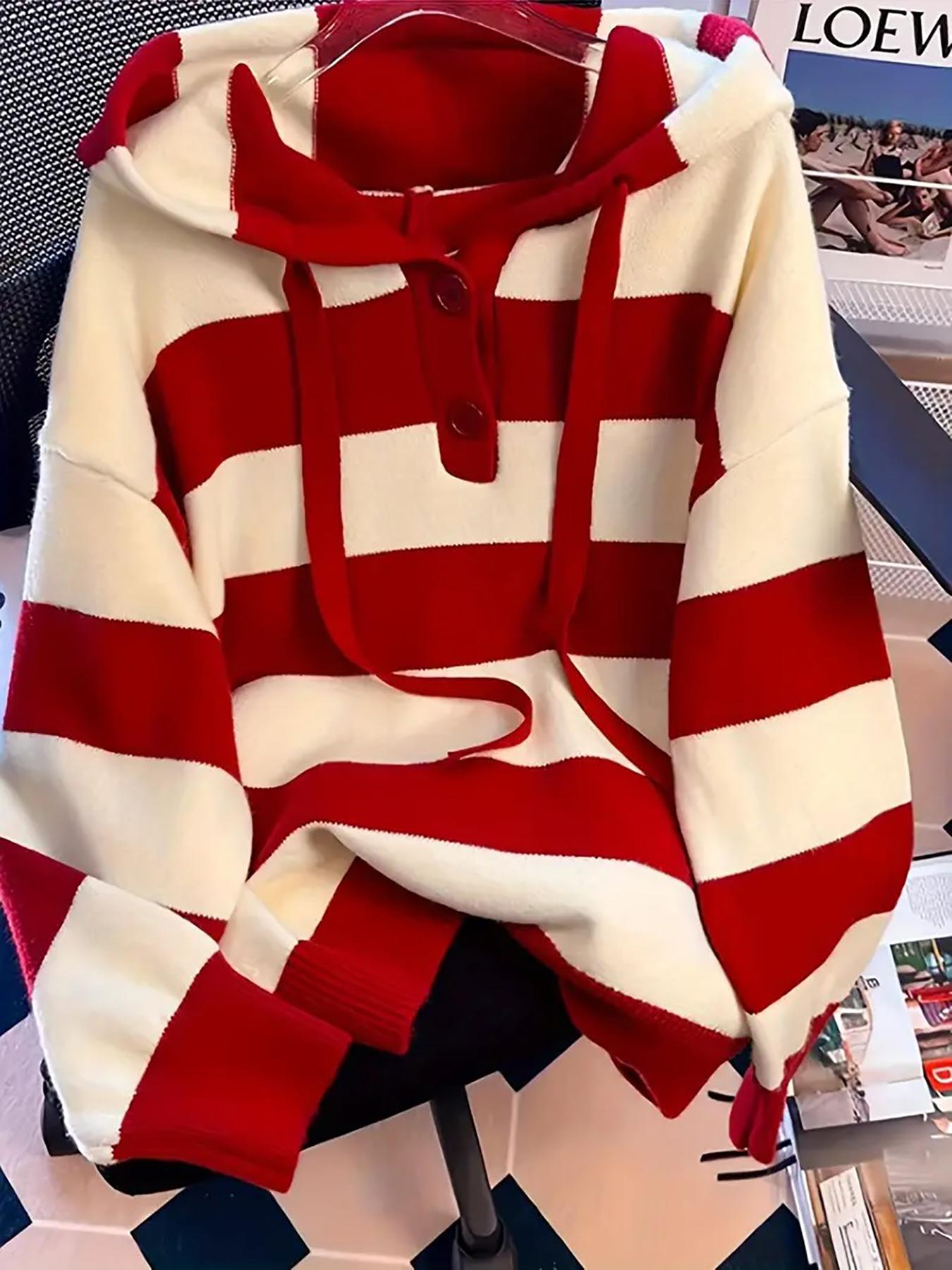 Autumn Winter New Design Hooded Knit Sweater, Color Block Striped Casual Soft Comfortable Elegant Women's Pullover, Colorblock Hoodie