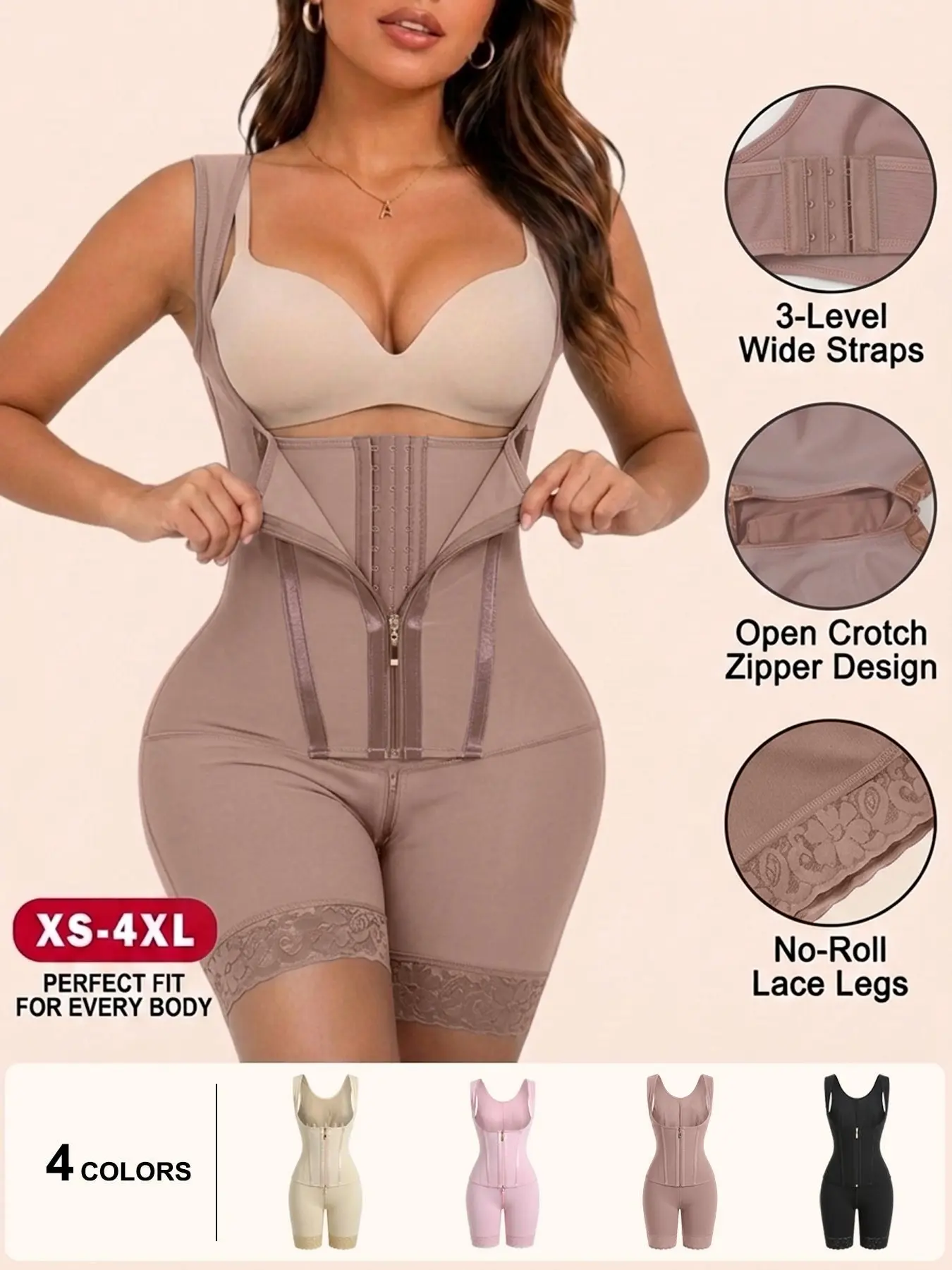 Colombian Faja Bodysuit for Women, Waist Trainer Shapewear Shorts with 3-Level Hooks, Open Crotch Zipper Design & Lace Leg Detail